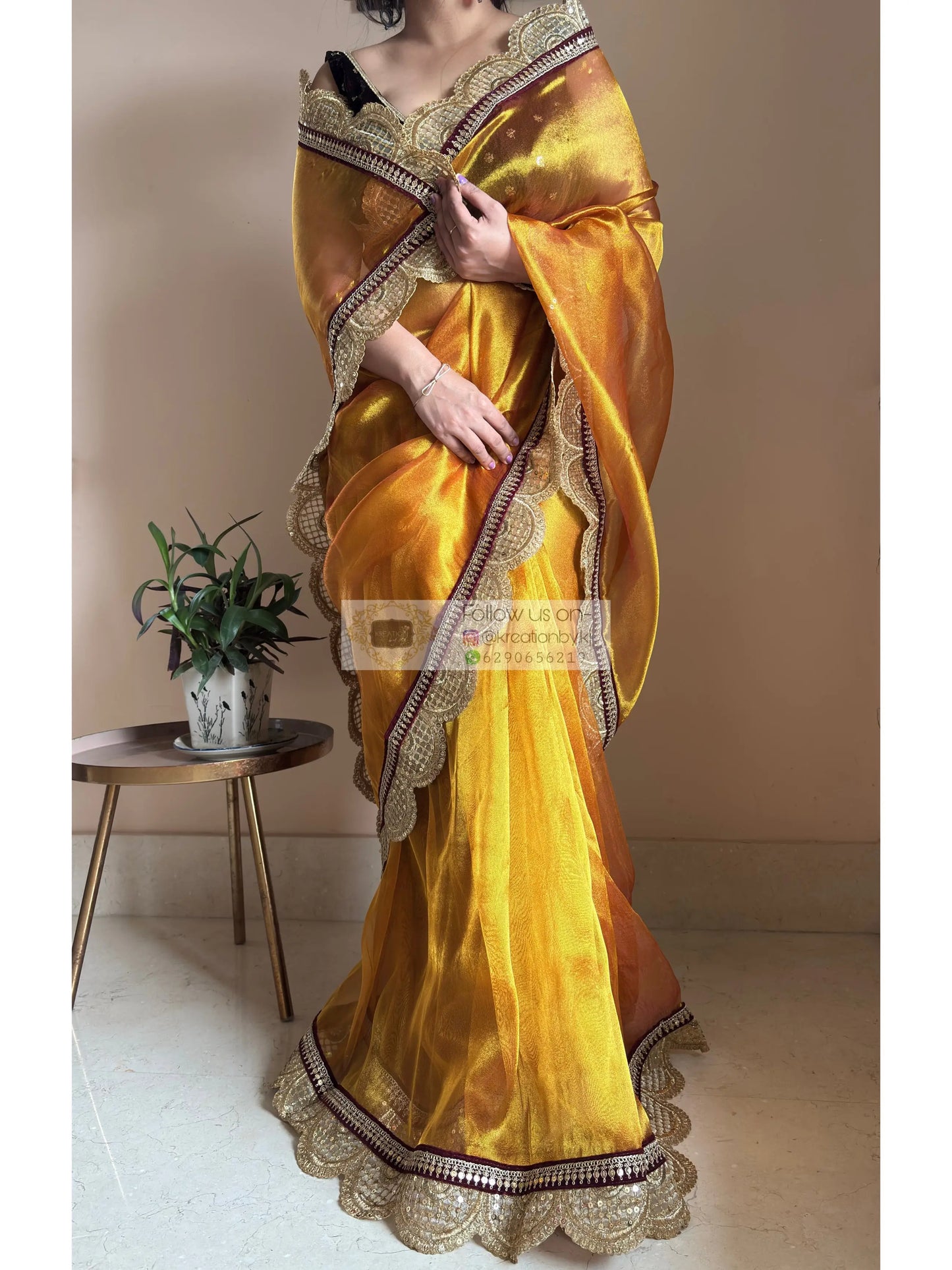 Fiery Gold Zari Tissue Mehraab Border Saree kreationbykj