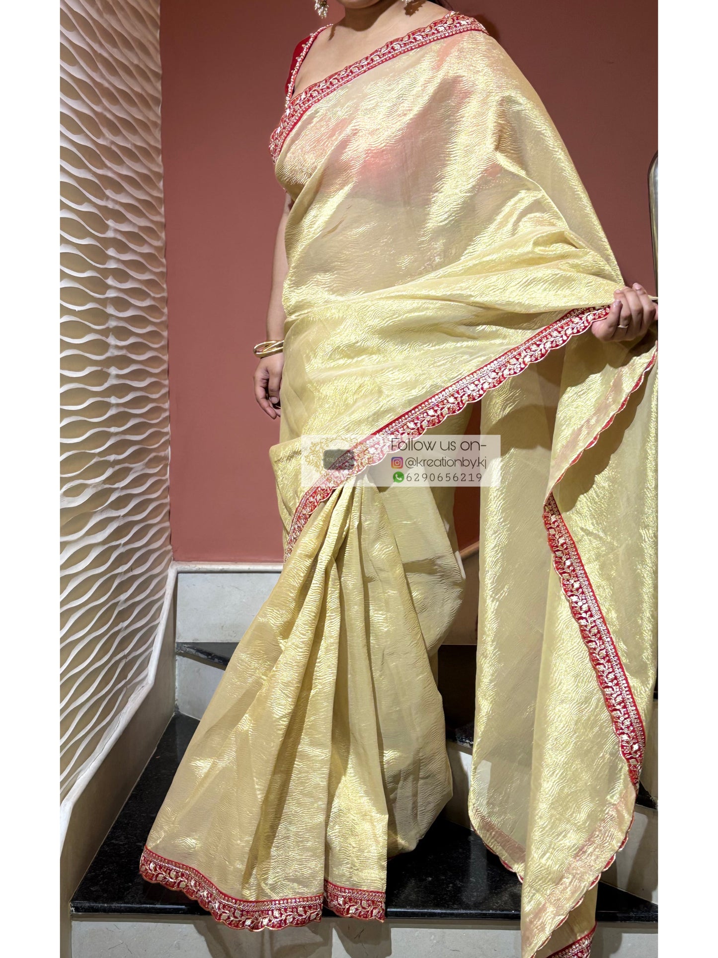 Golden Beige Crushed Tissue Saree with Red Border kreationbykj
