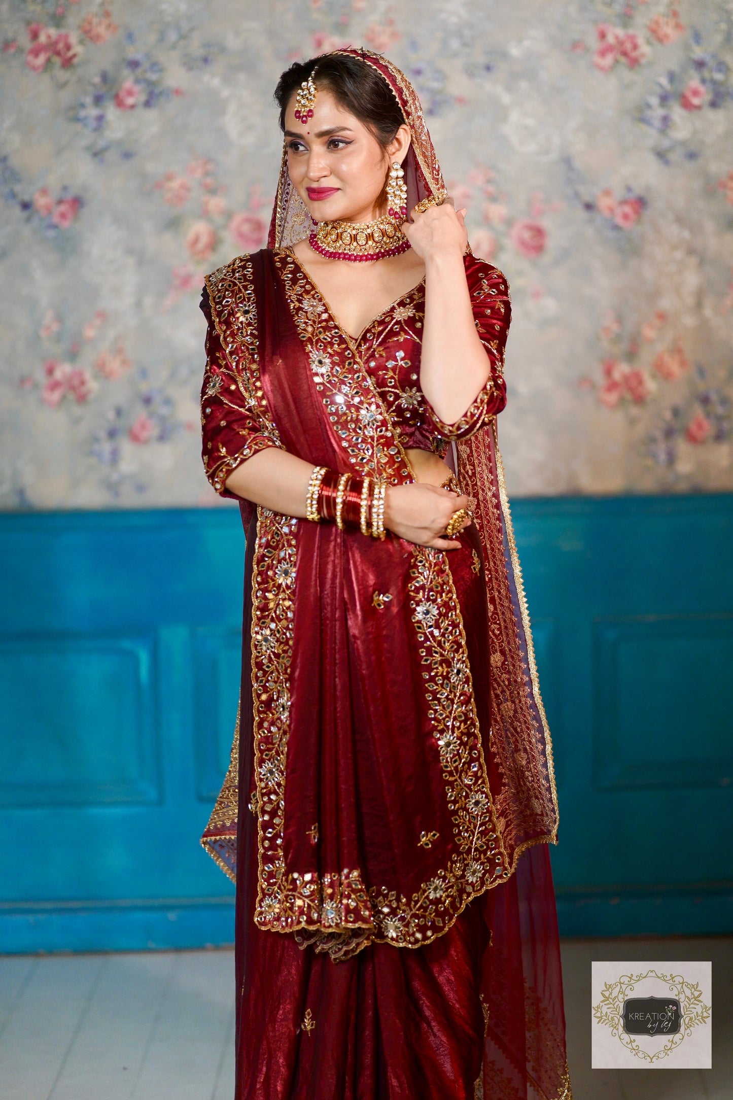 Maroon Sheesh Mahal Saree kreationbykj