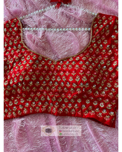 Red Handembroidered Floral Bridal Blouse Piece