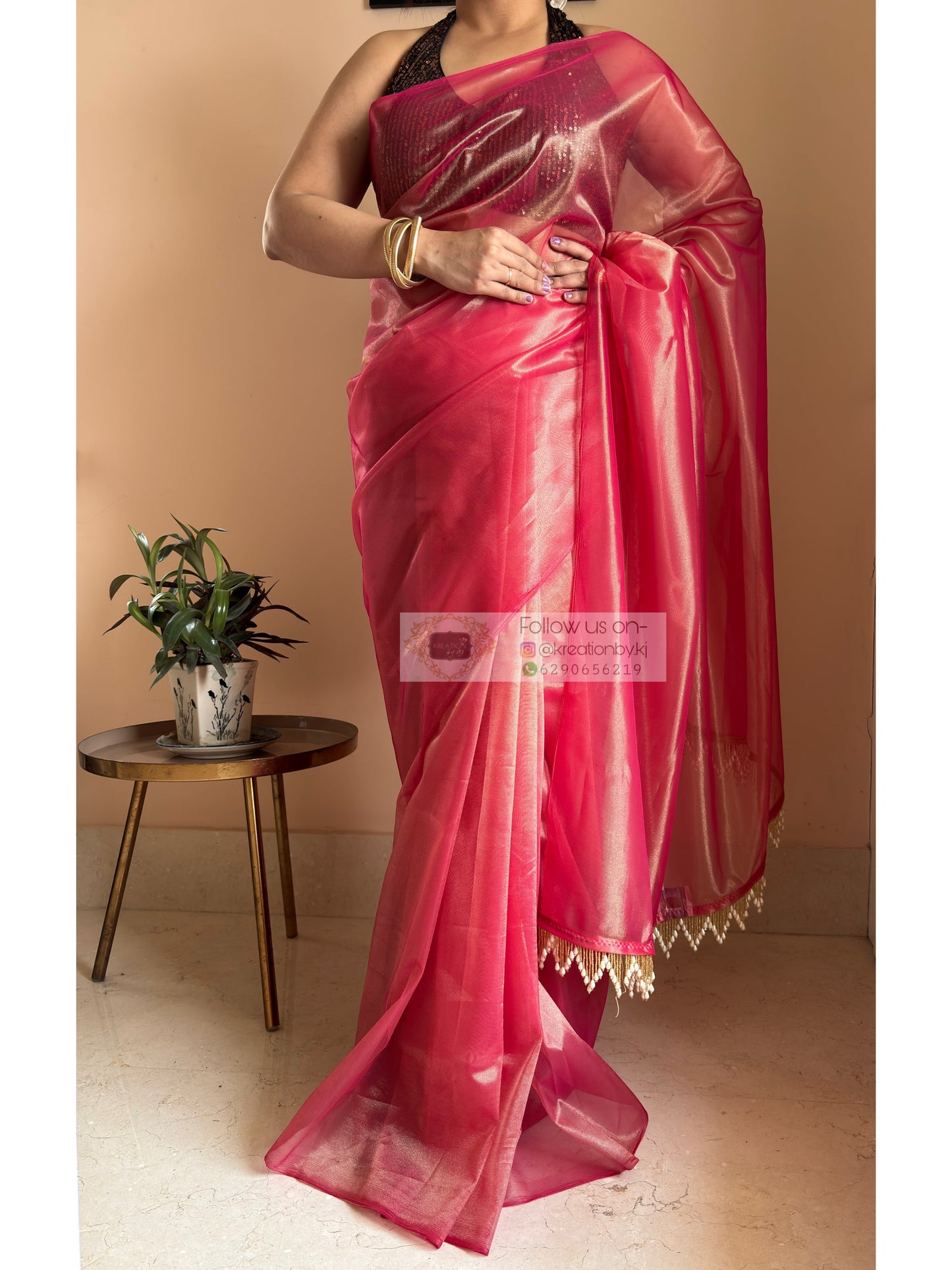 Rose Pink Tissue Net Bridal  Saree kreationbykj