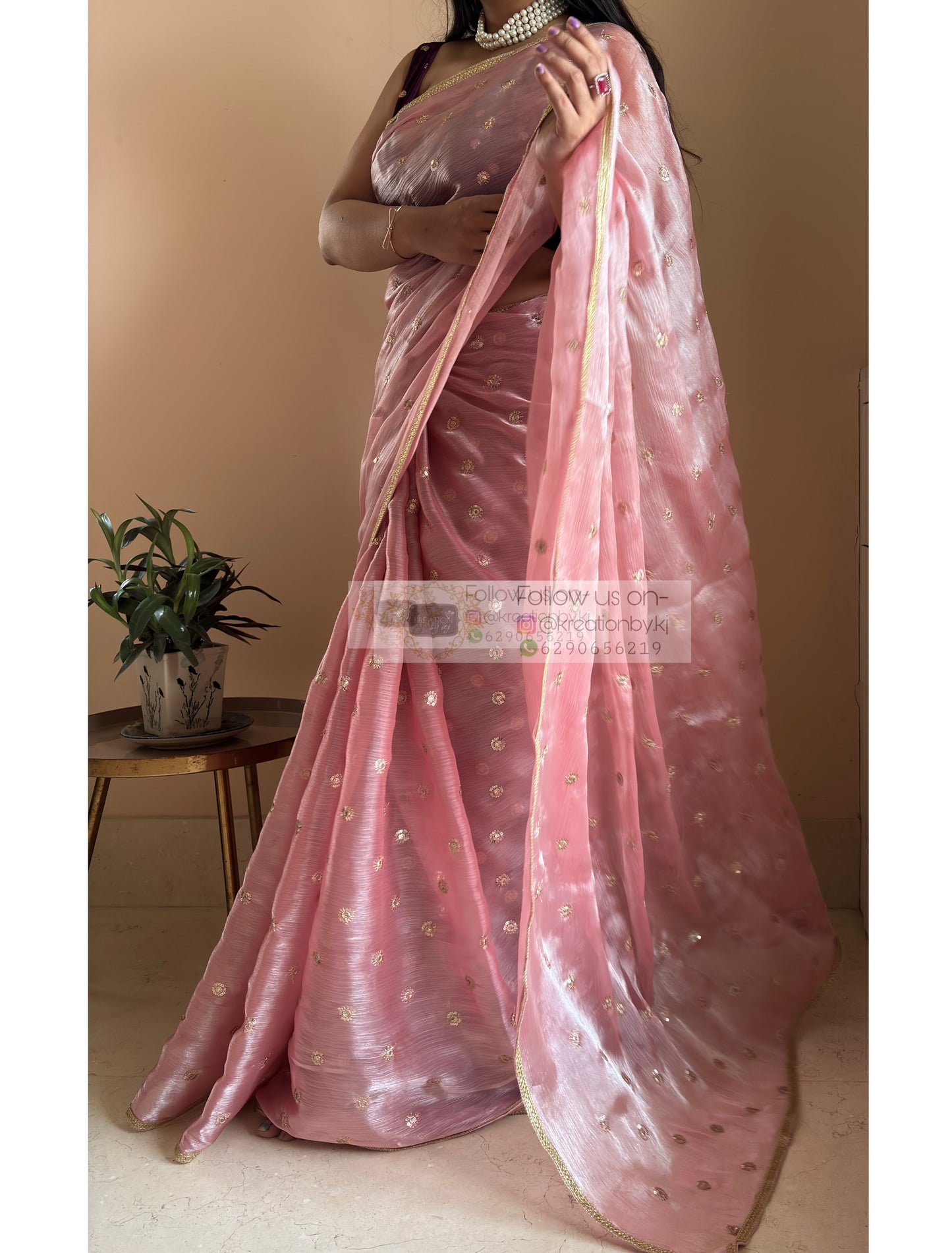 Peach Mettalic Chiffon Saree with Sequin Border kreationbykj