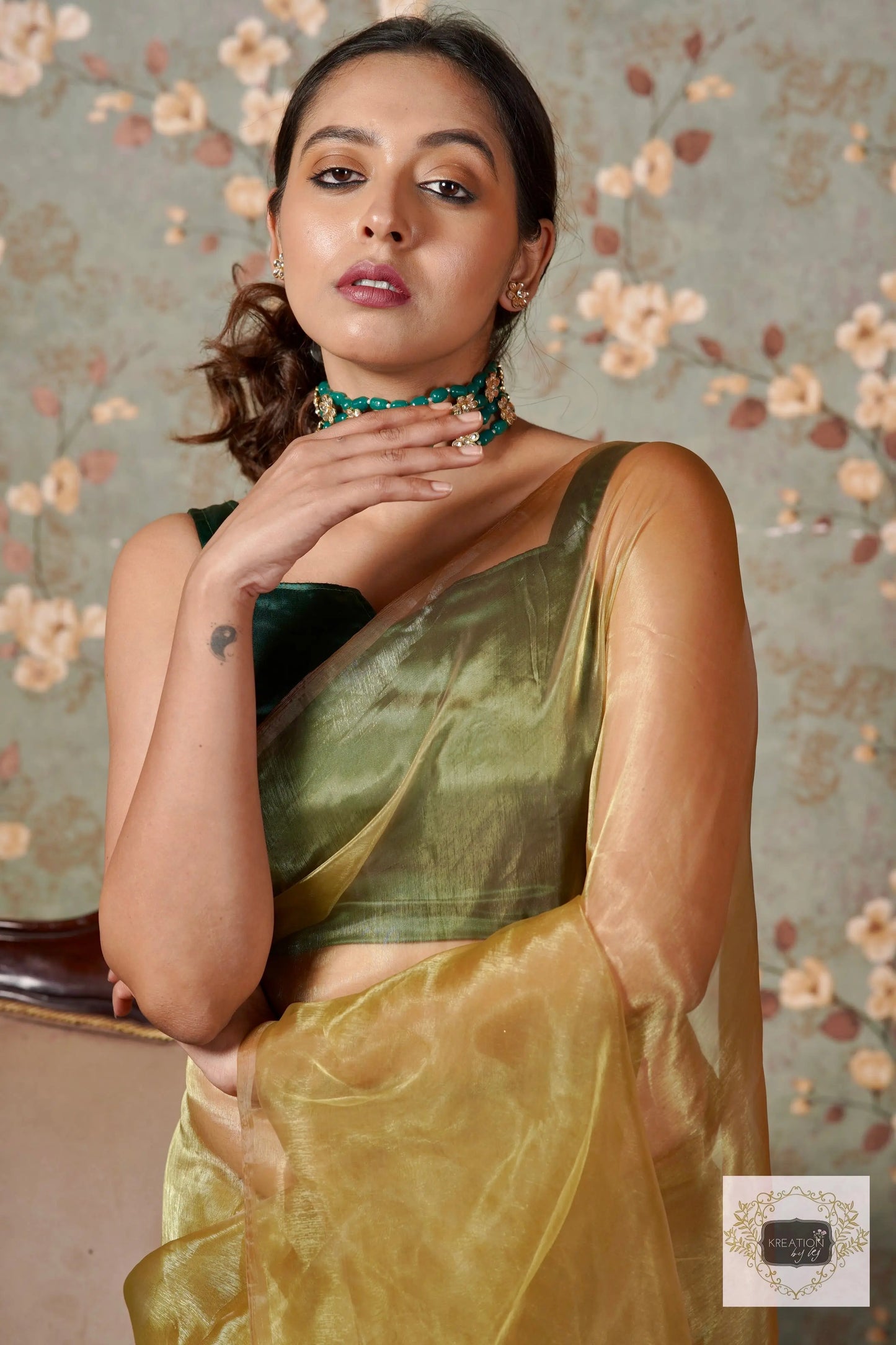 Pista Green Glass Tissue Saree kreationbykj