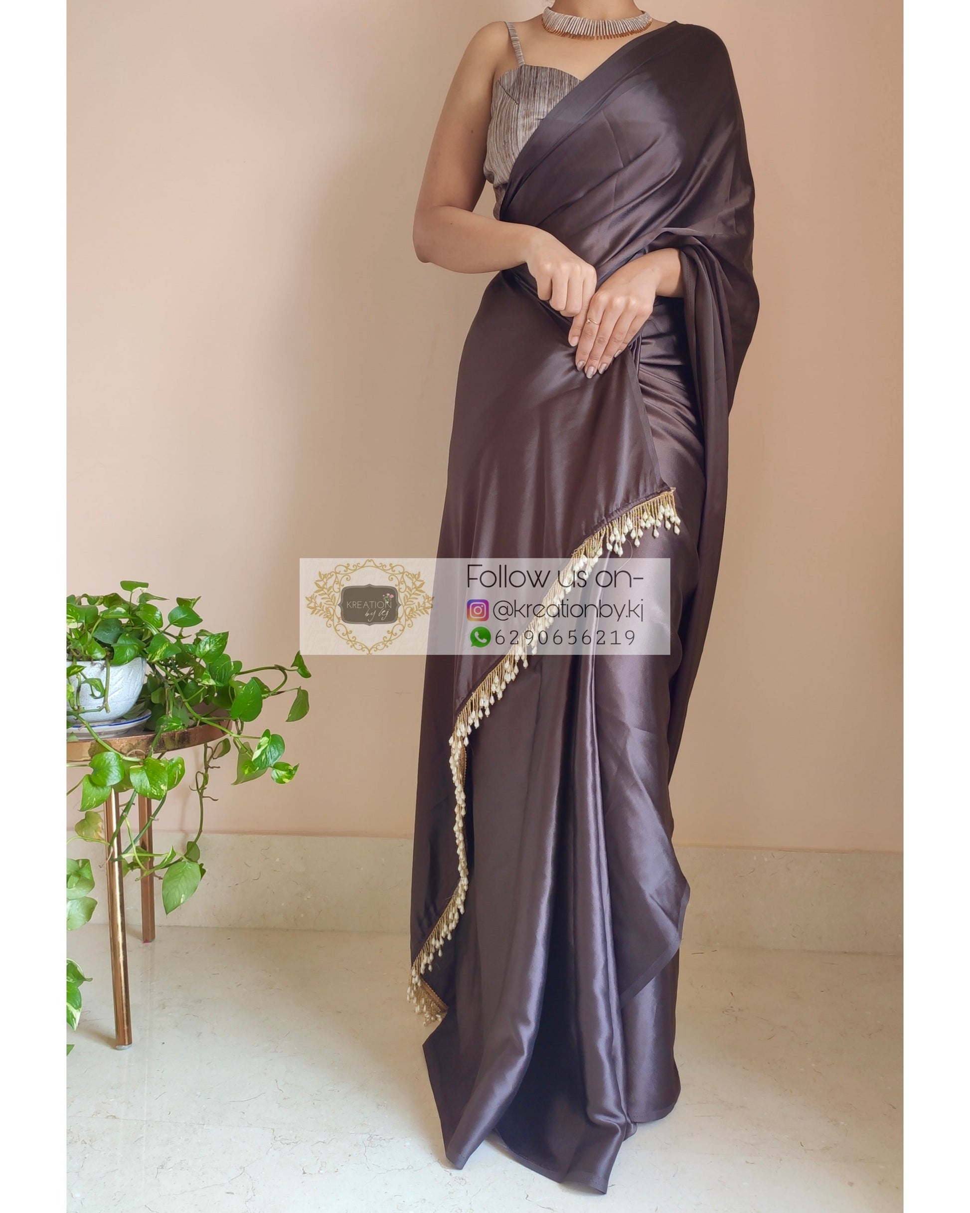 Chocolate Brown Satin Silk Saree With Handmade Tassels On Pallu - kreationbykj