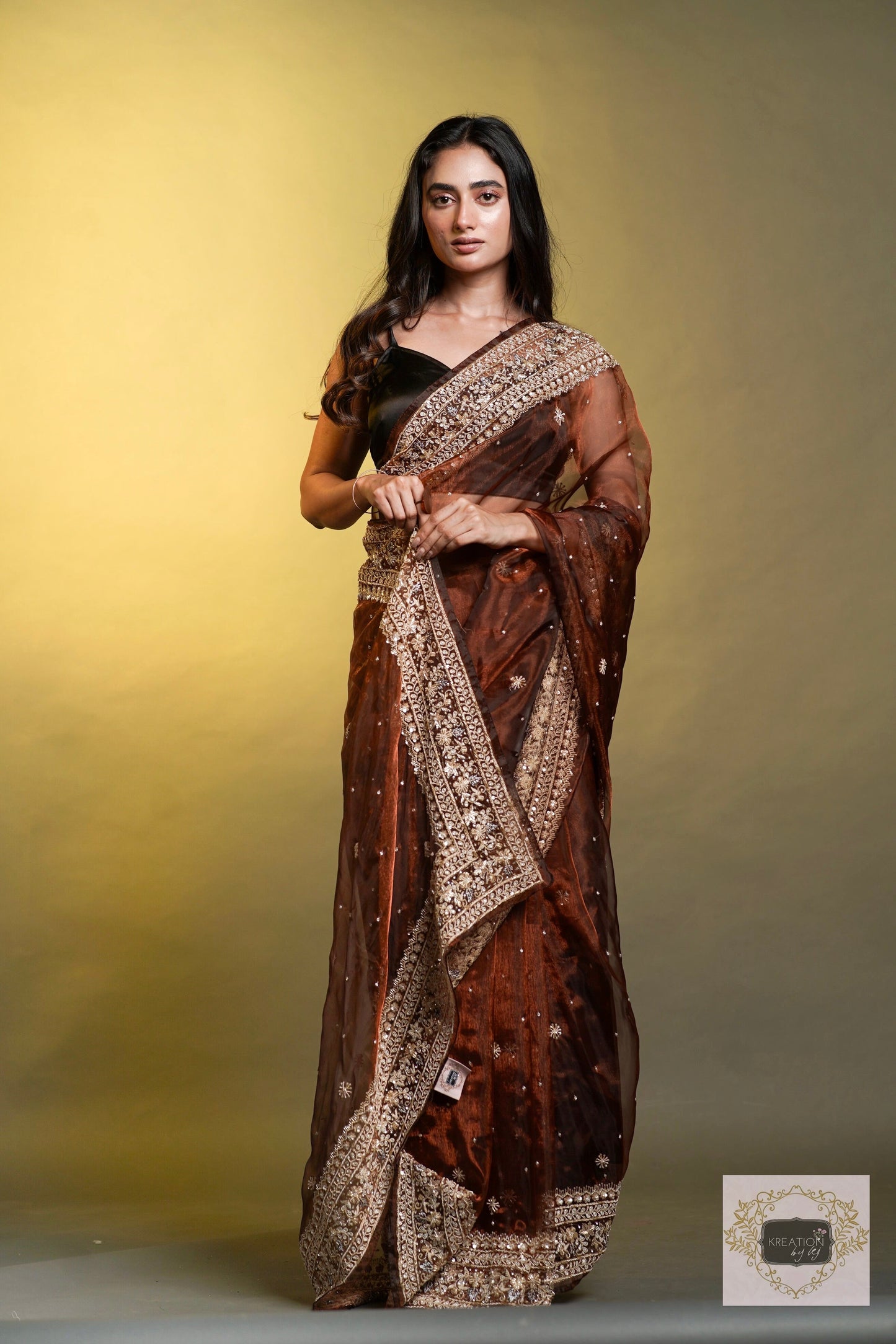 Nazakat Copper Glass Tissue Saree For Wedding kreationbykj