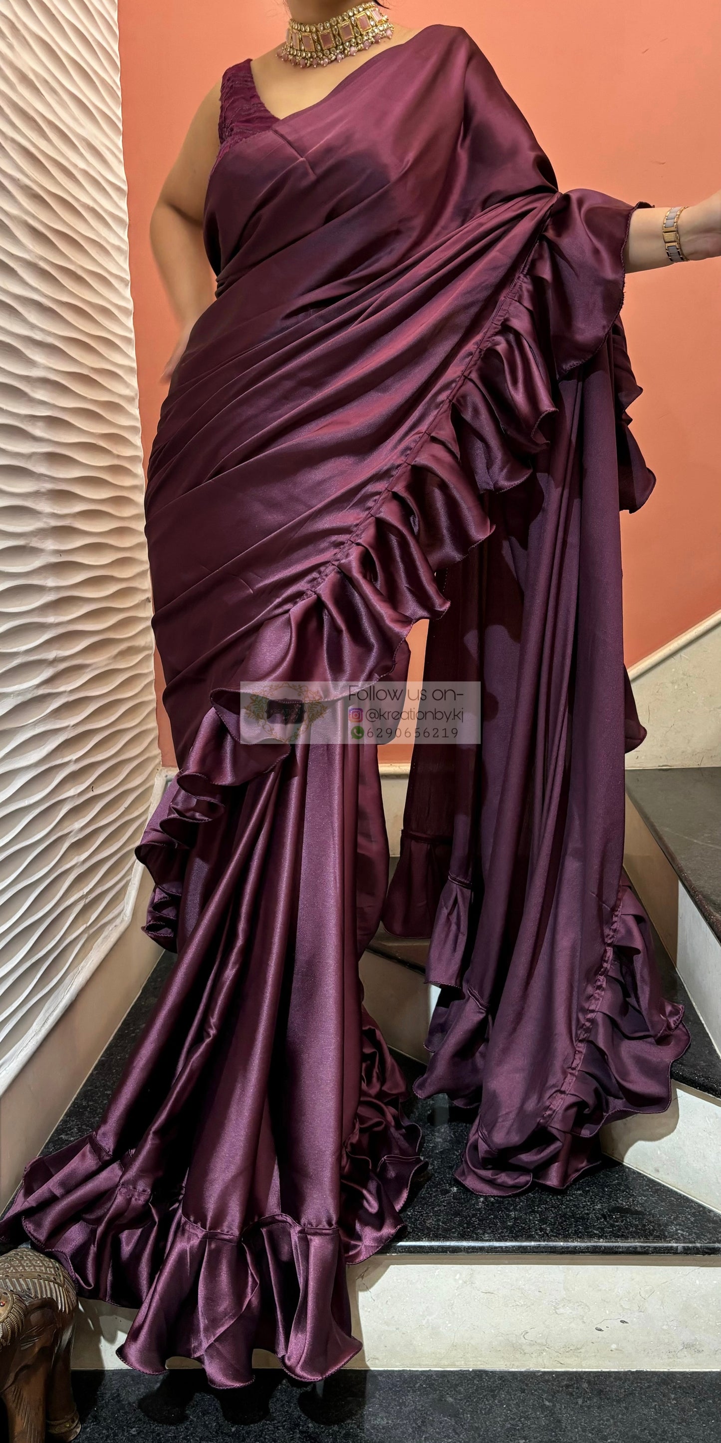 Dark Eggplant Wine Satin Silk Ruffle Saree