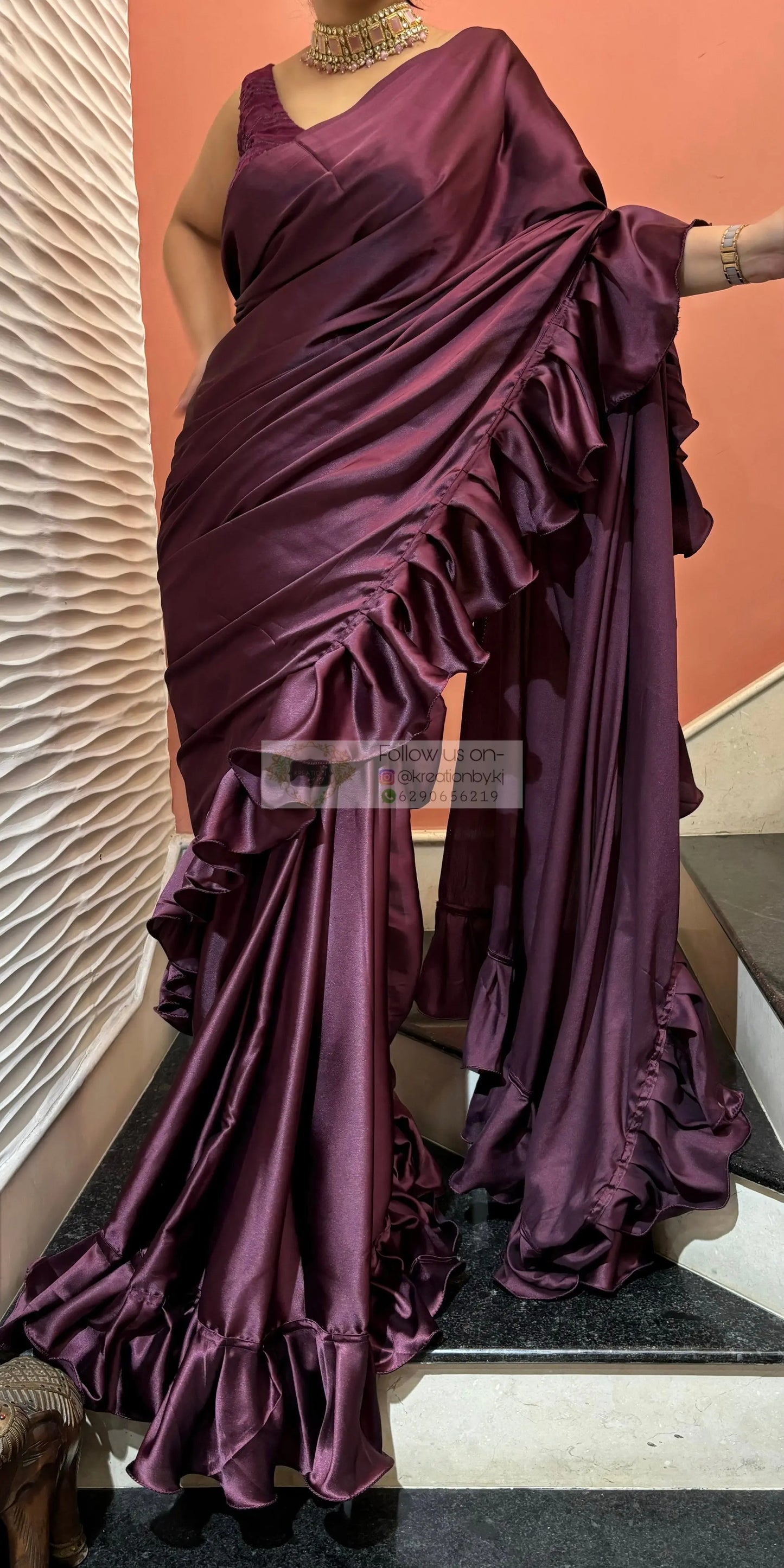 Dark Eggplant Wine Satin Silk Ruffle Saree kreationbykj