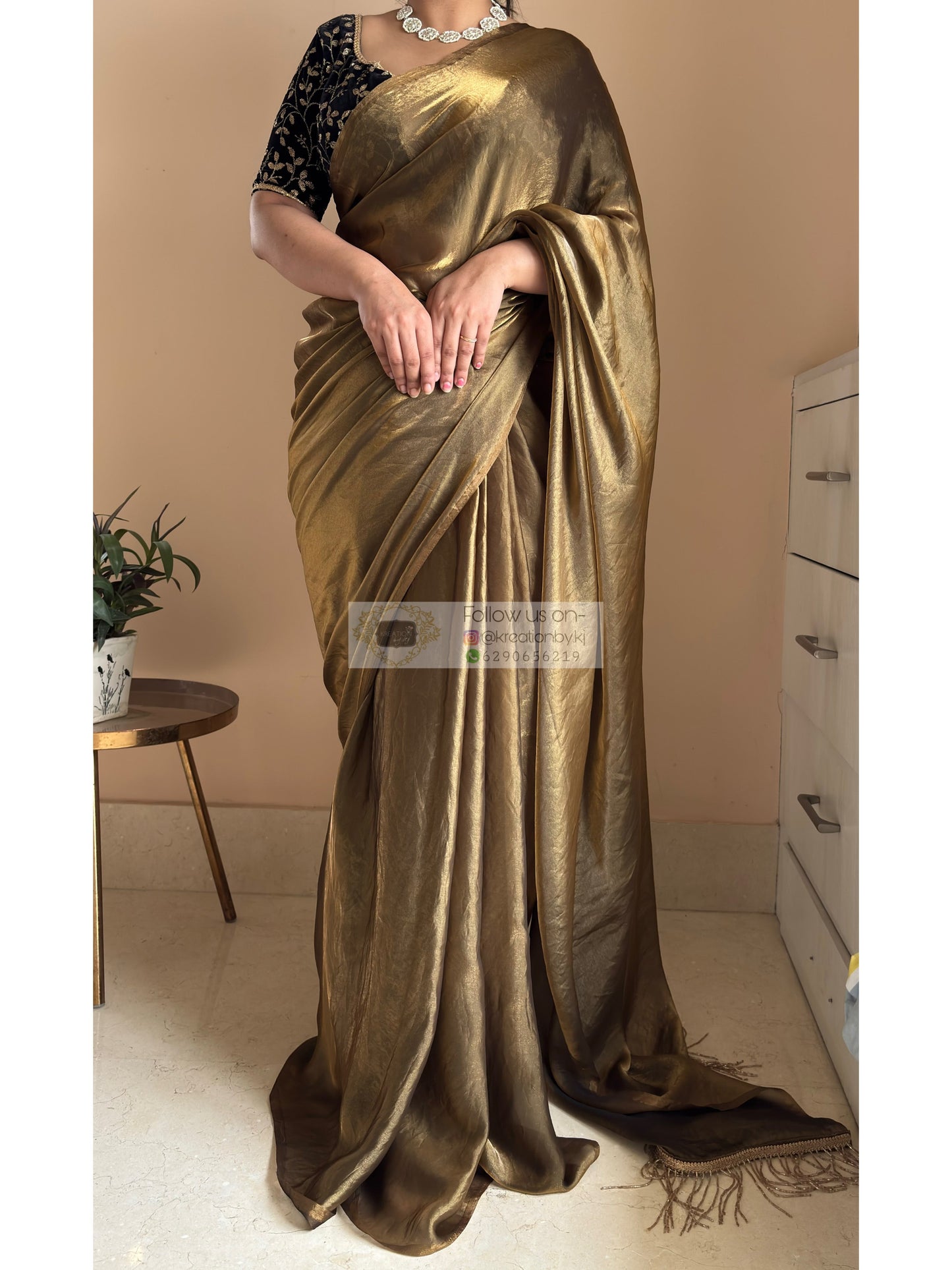 Molten Golden Shimmer Satin Saree With Handmade Tassels on Pallu kreationbykj