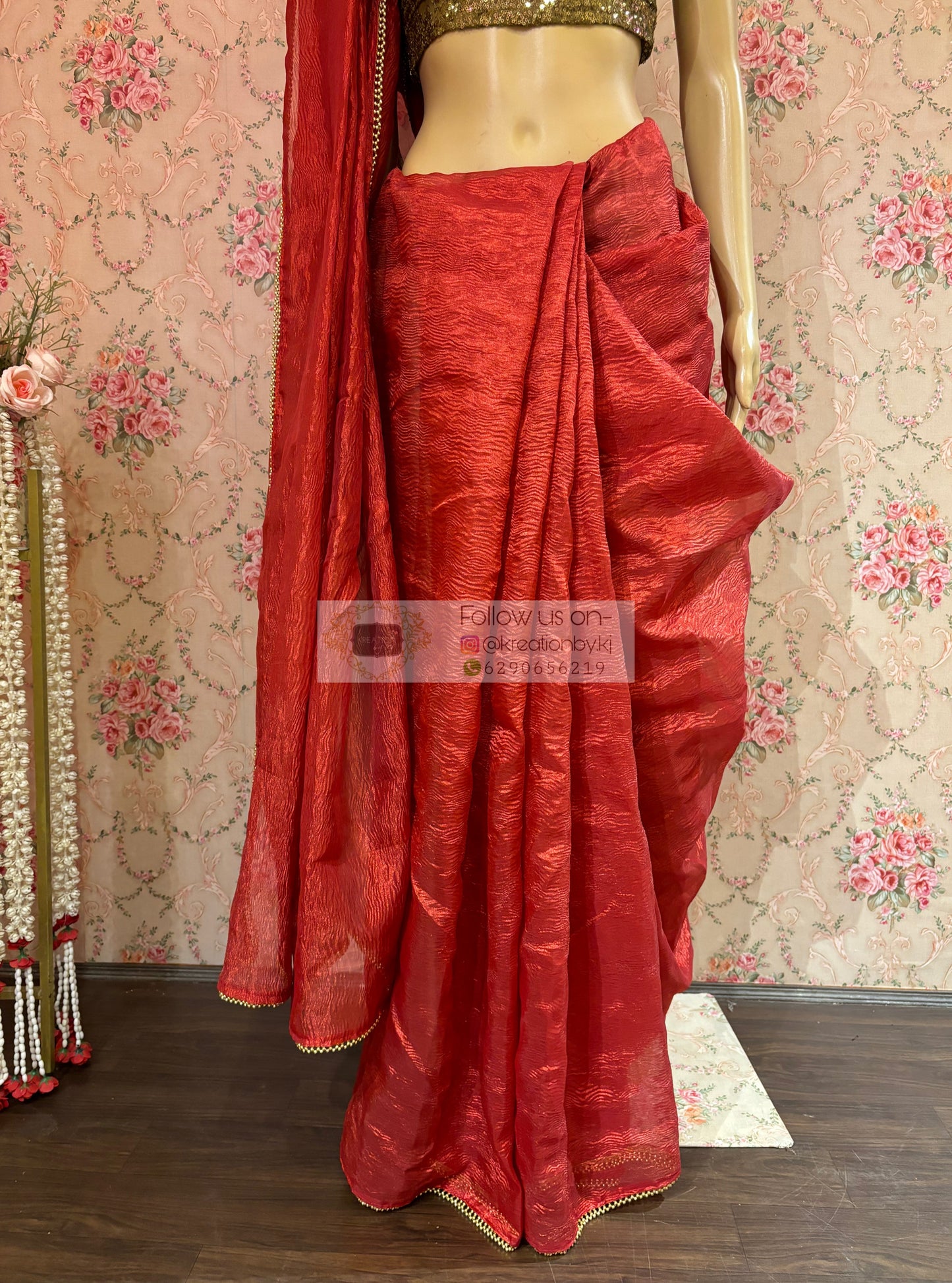 Red Crushed Tissue Saree with Golden Border kreationbykj