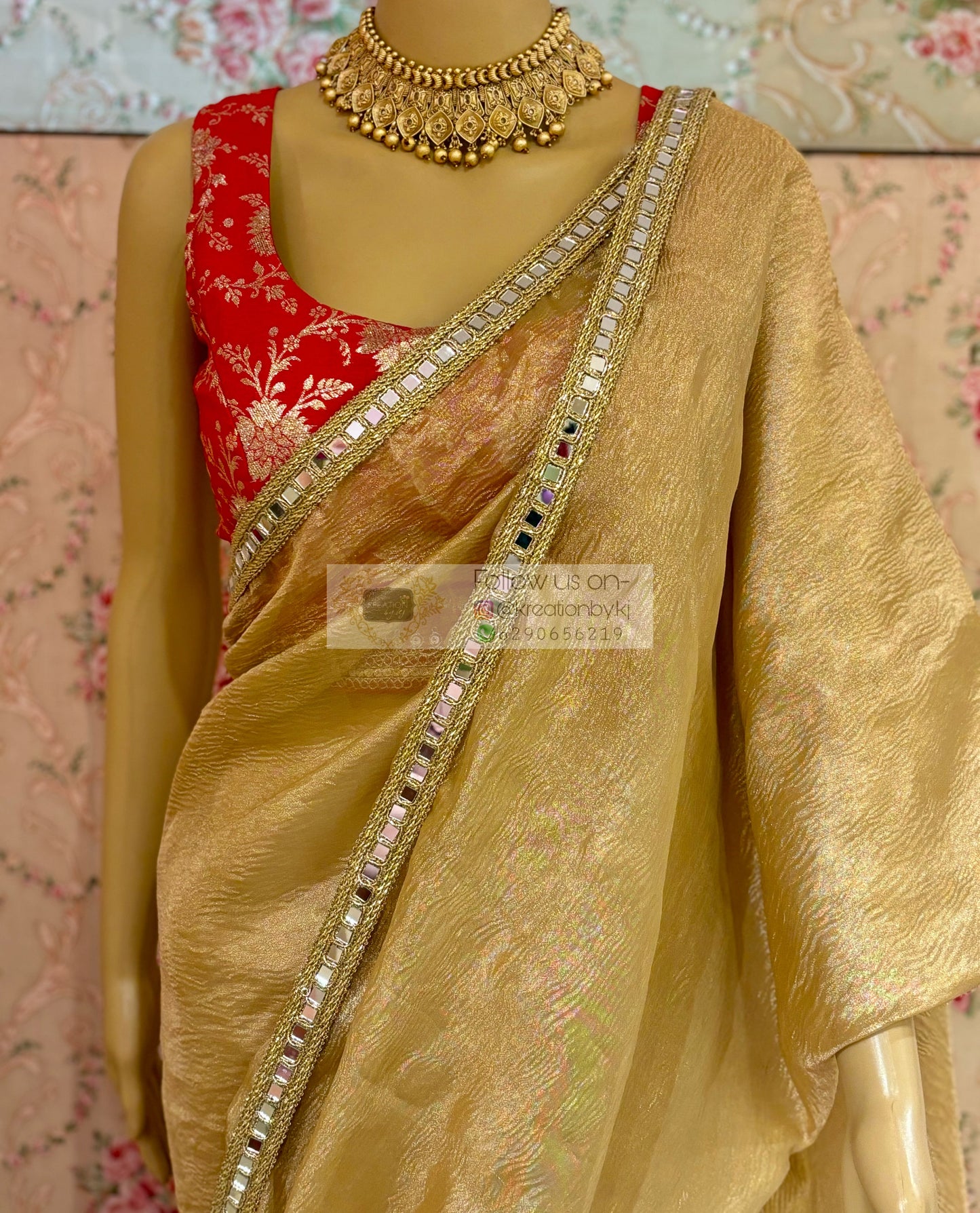 Golden Beige Tissue Saree with Mirror Border kreationbykj