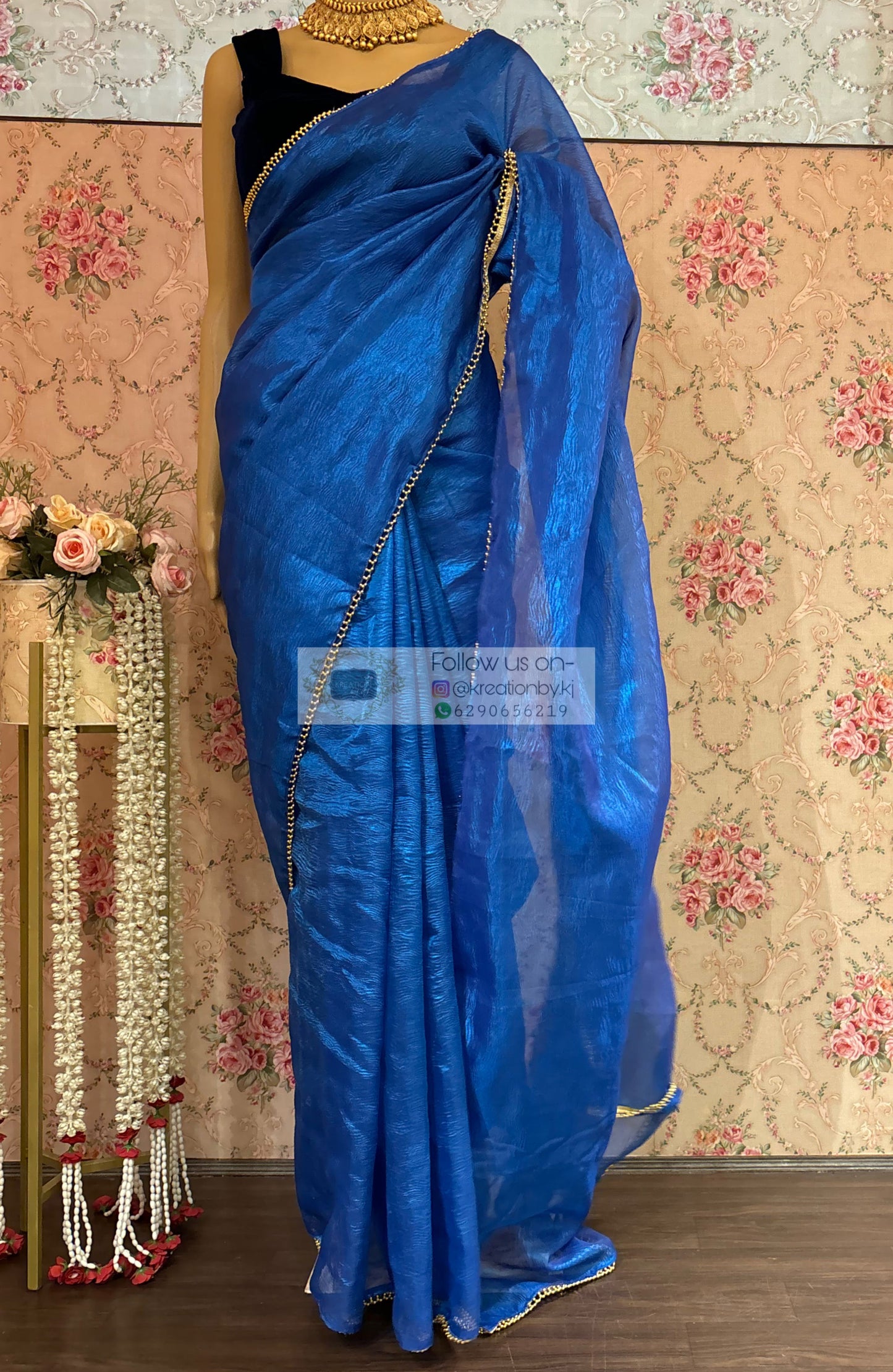 Blue Crushed Tissue Saree kreationbykj