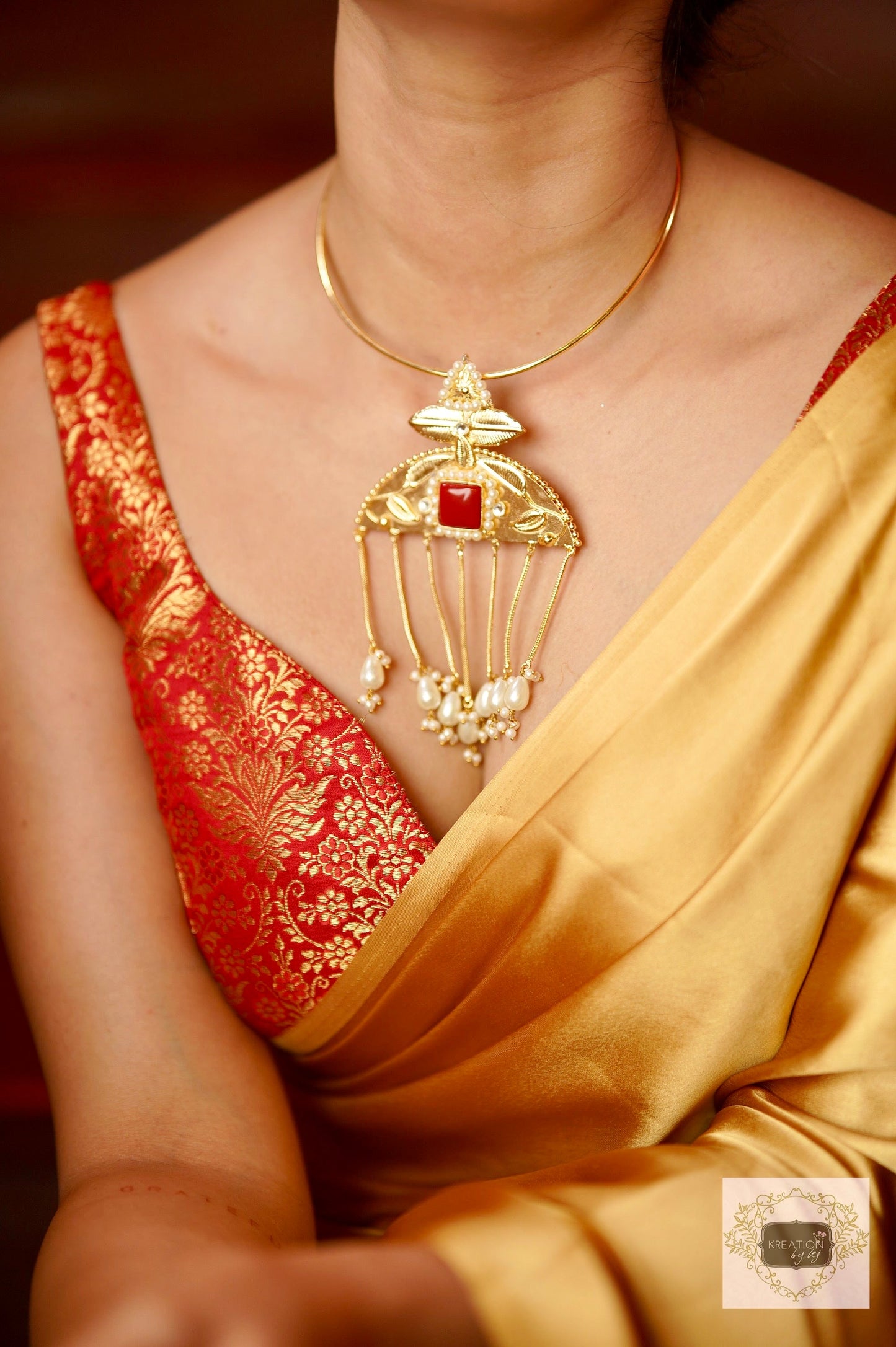 Champagne Gold Satin Saree kreationbykj