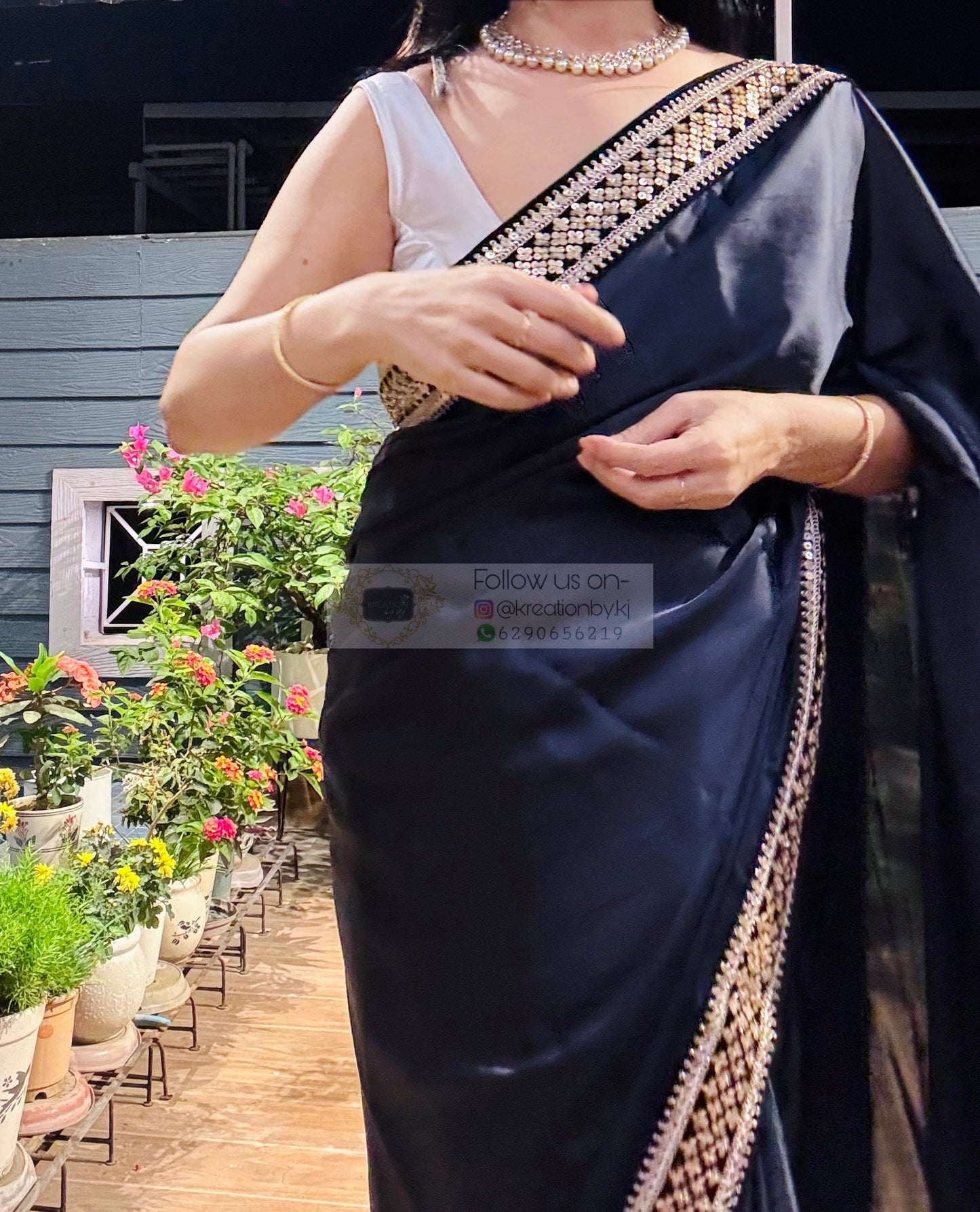 Dark Navy Blue Satin Silk Saree with Black Border kreationbykj