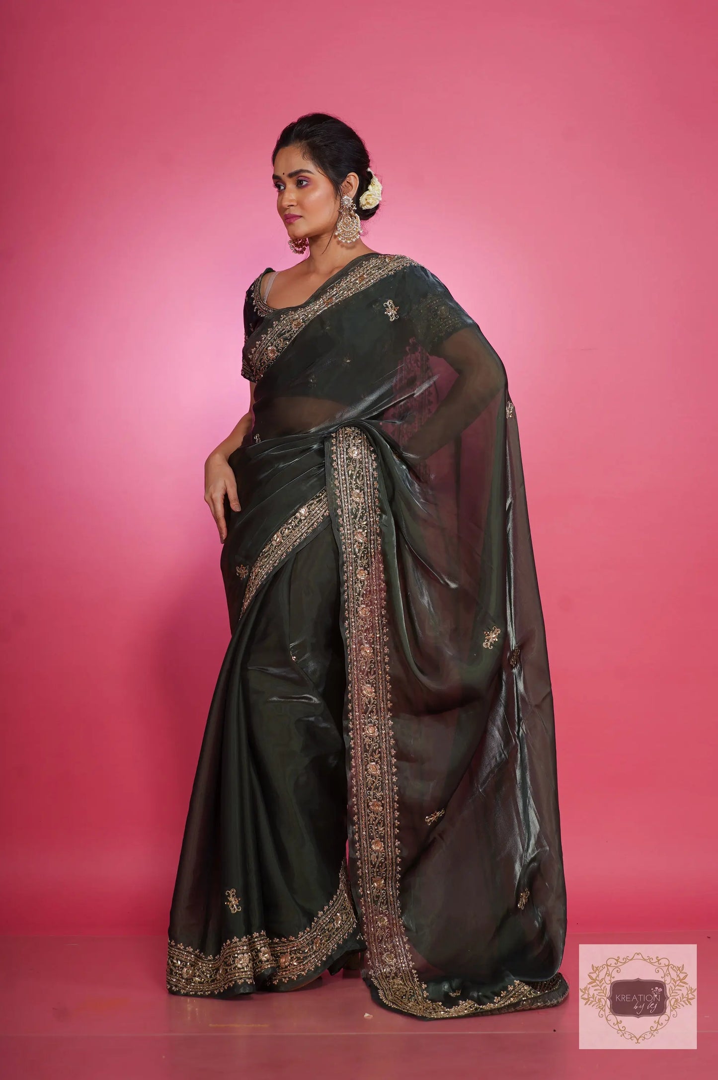 Dark Green Zarina Glassy Organza Saree kreationbykj