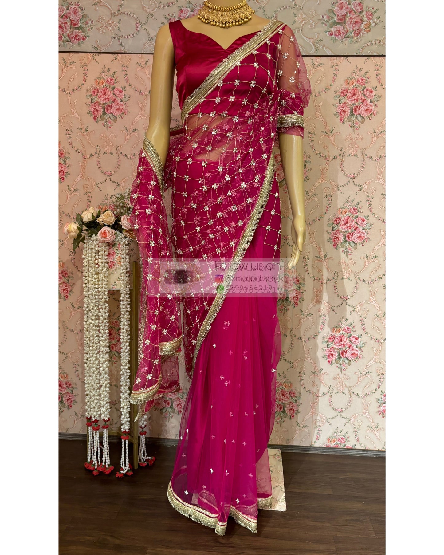 Hot Pink Cutdana Jaal Net Saree kreationbykj