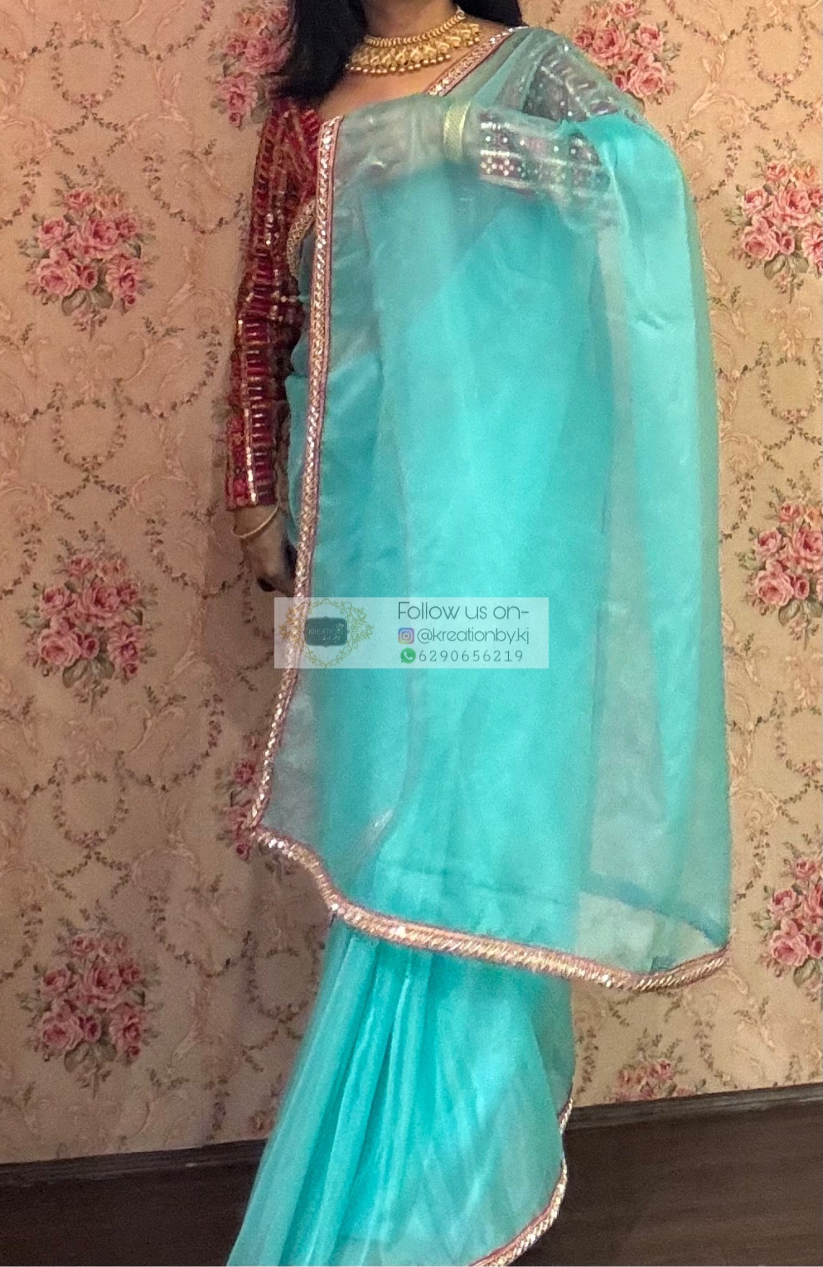 Aqua Blue Organza Saree With Red Cutdana Border kreationbykj