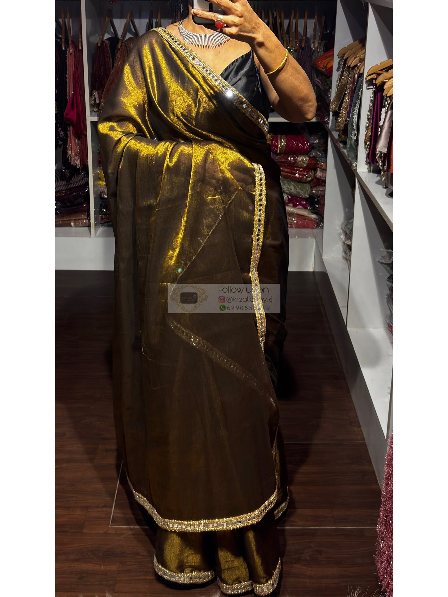 Black Tissue Mirage Saree Cut Mirror Border kreationbykj