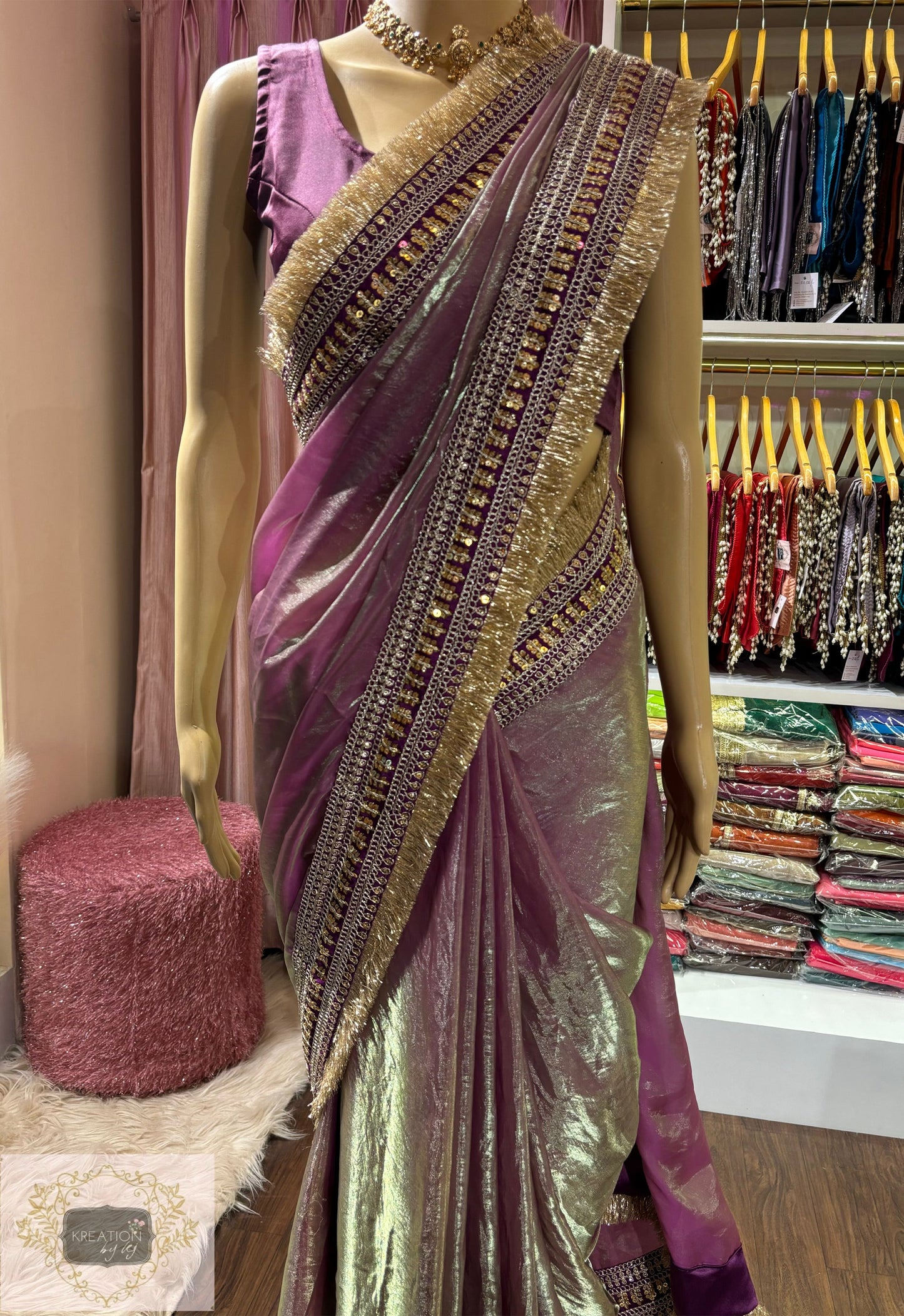 Mauve Metallic Shimmer Satin Banno Saree kreationbykj