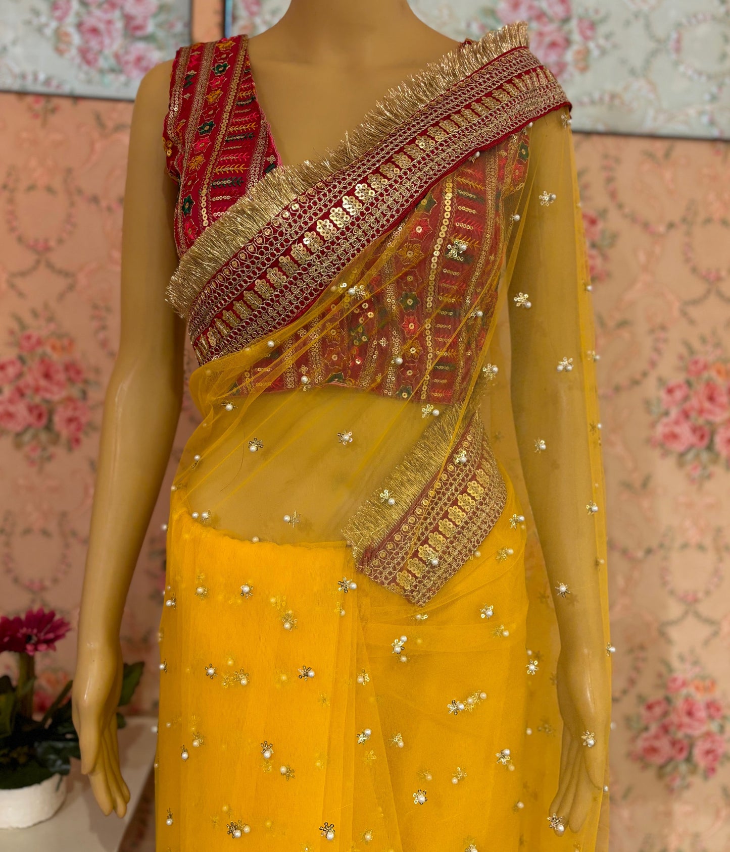 Yellow Jugnoo Banno Saree kreationbykj
