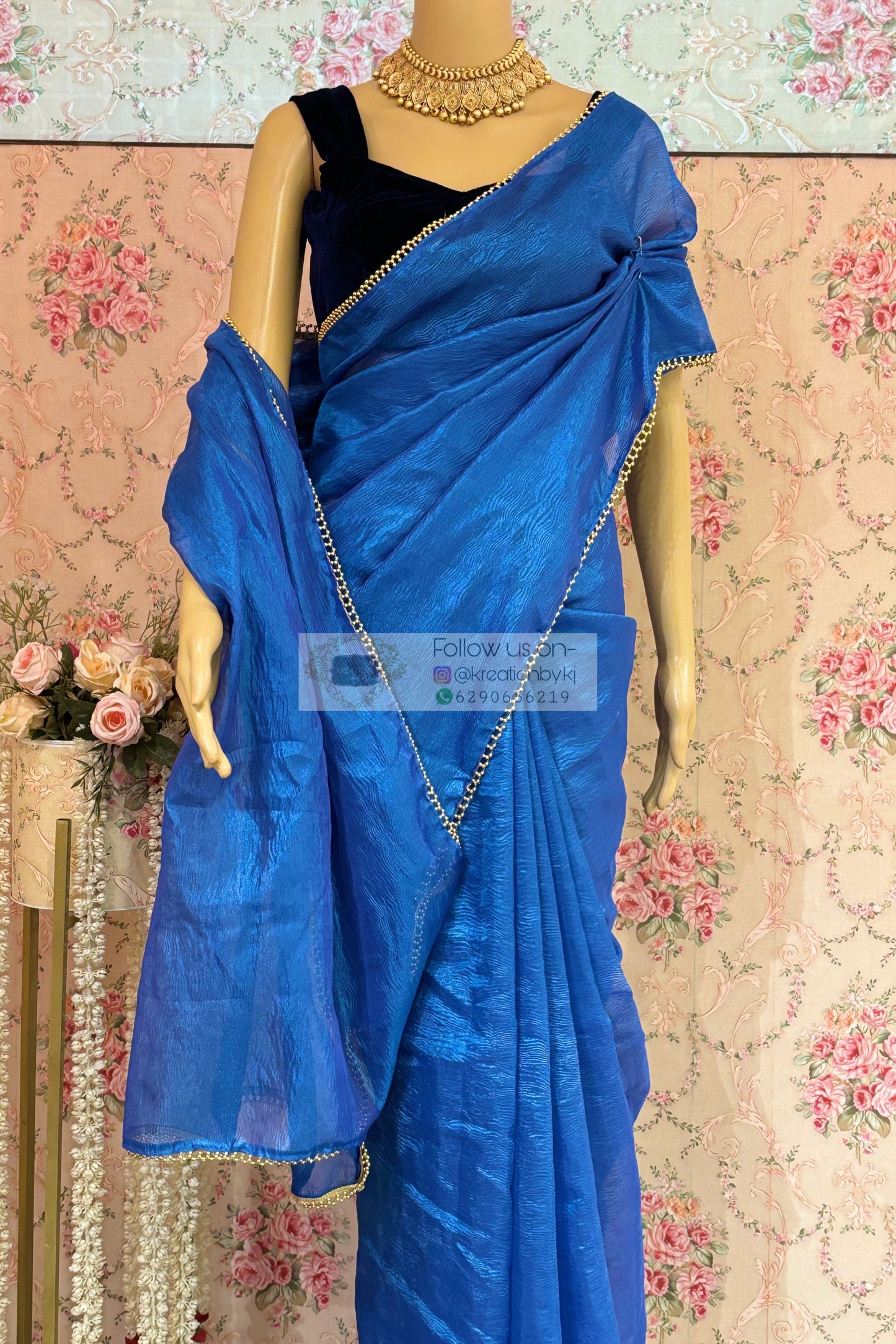 Blue Crushed Tissue Saree kreationbykj