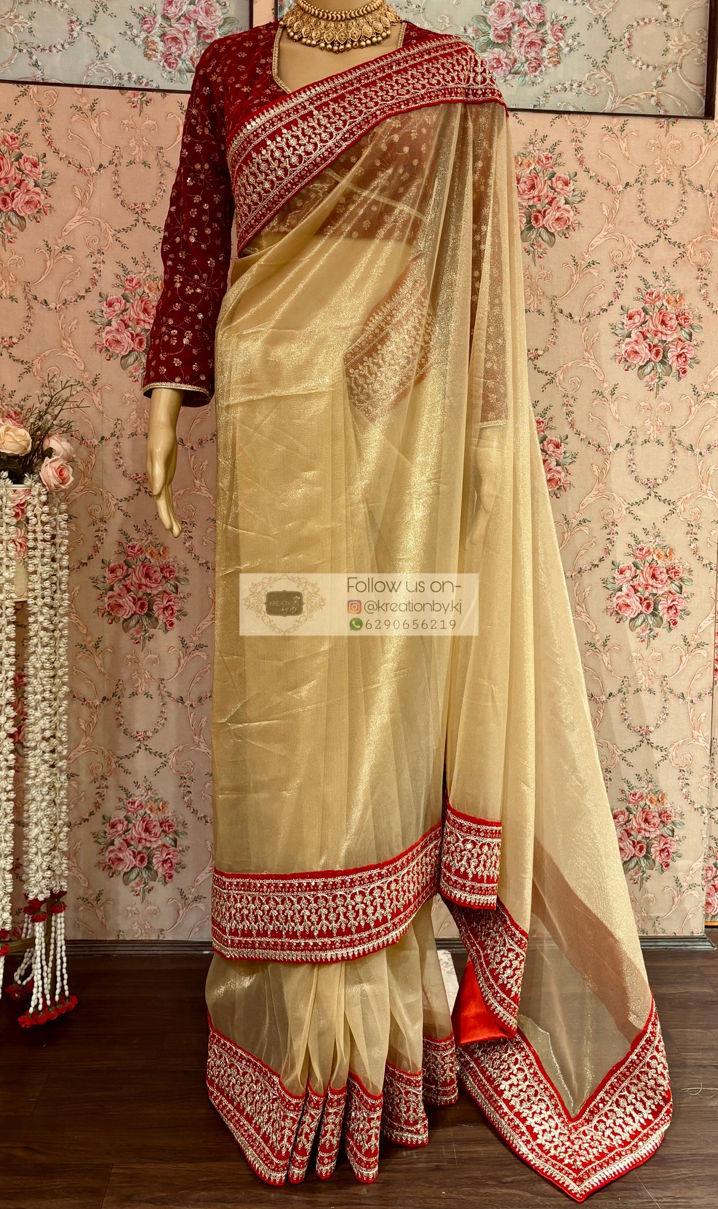 Beige Tissue Net Bridal Saree with Red Border-Agomoni kreationbykj