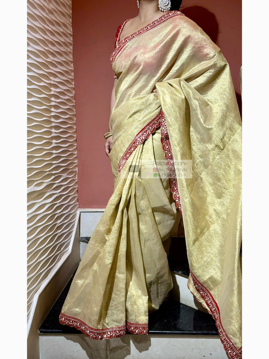 Golden Beige Crushed Tissue Saree with Red Border kreationbykj