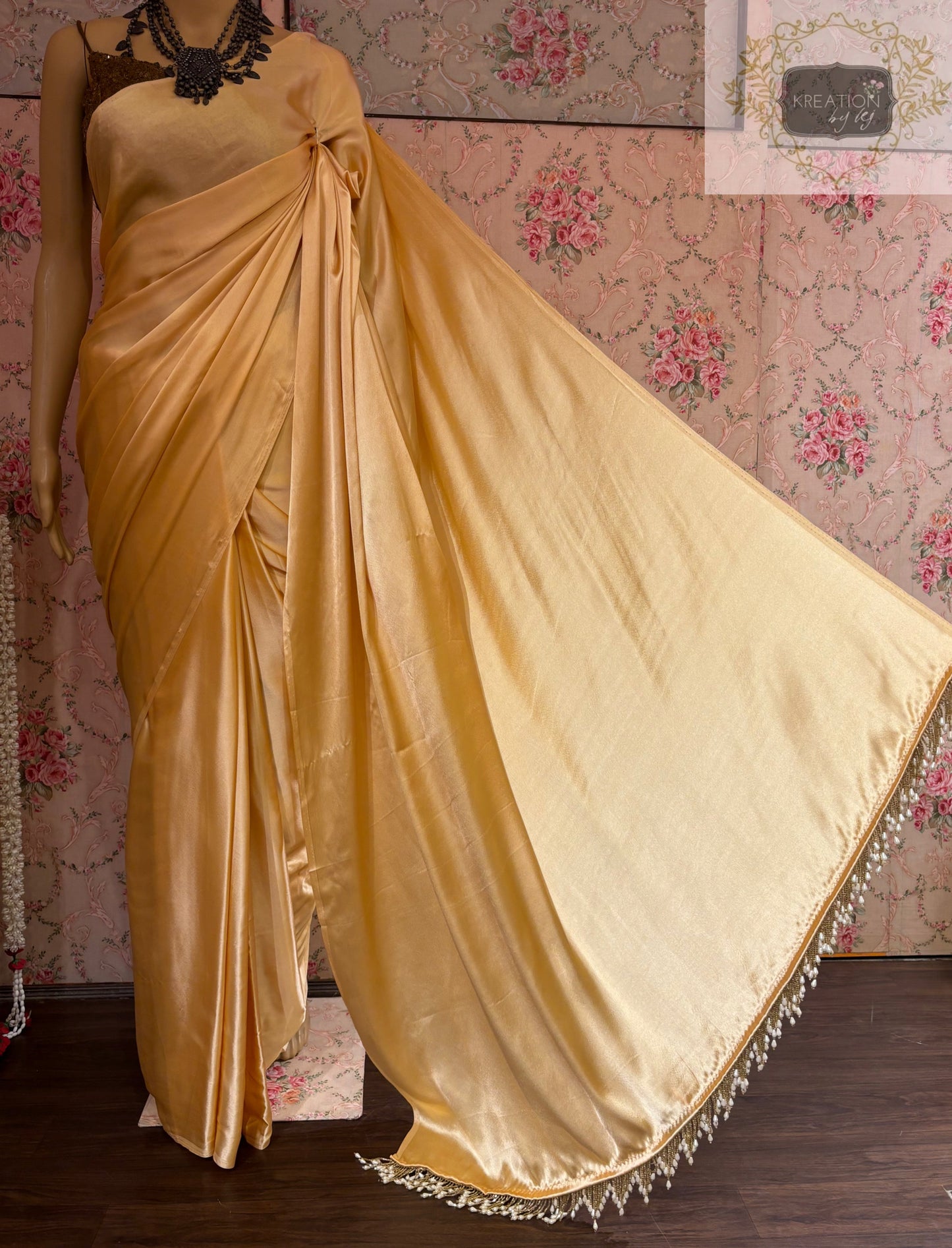 Tuscany Beige Satin Silk Saree with Handmade Tassels on Pallu kreationbykj