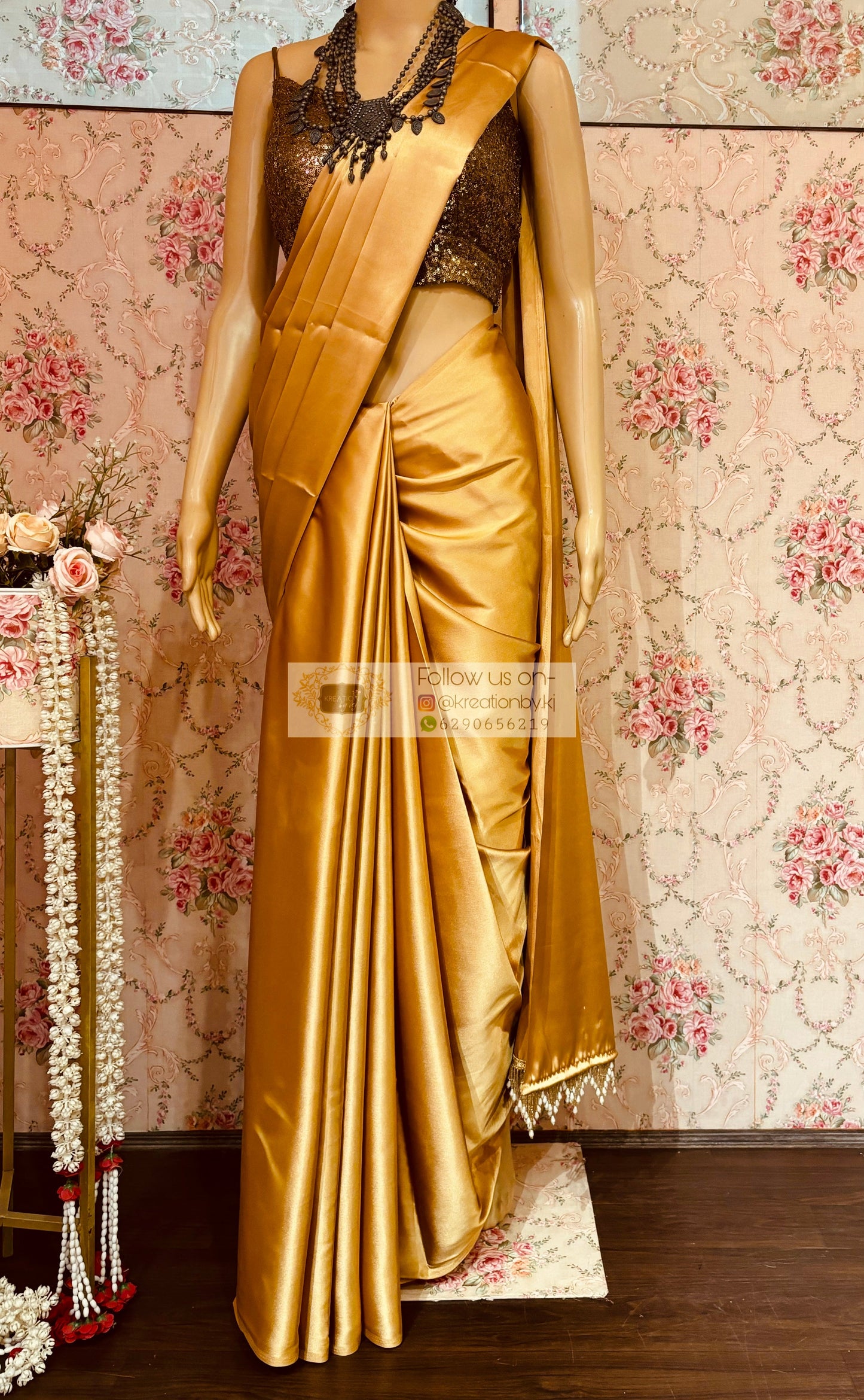 Champagne Gold Satin Saree kreationbykj