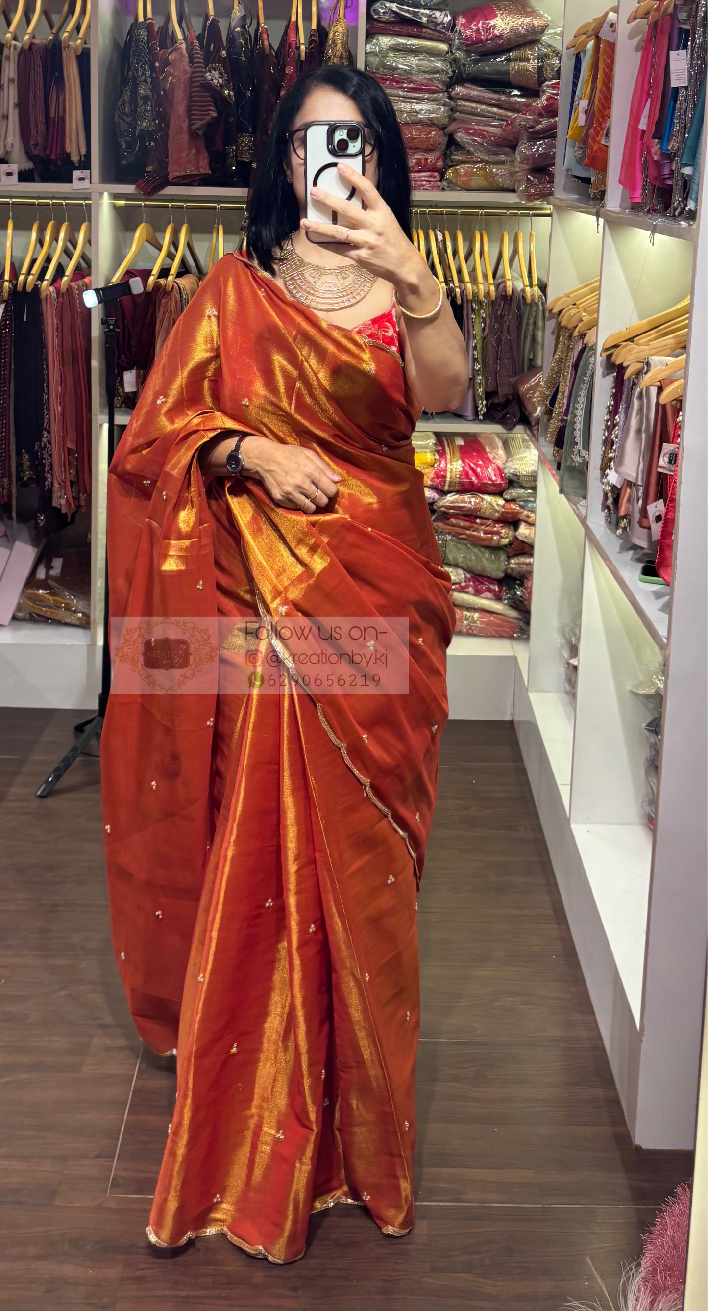 Burnt Orange Tissue Saree with Handembroidered Scalloping kreationbykj