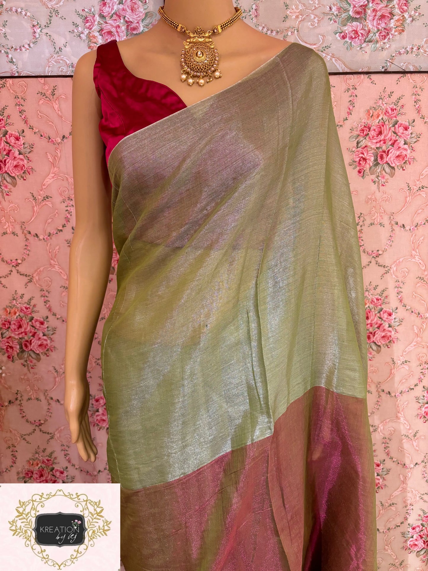 Badam Pista Cotton Tissue Saree kreationbykj