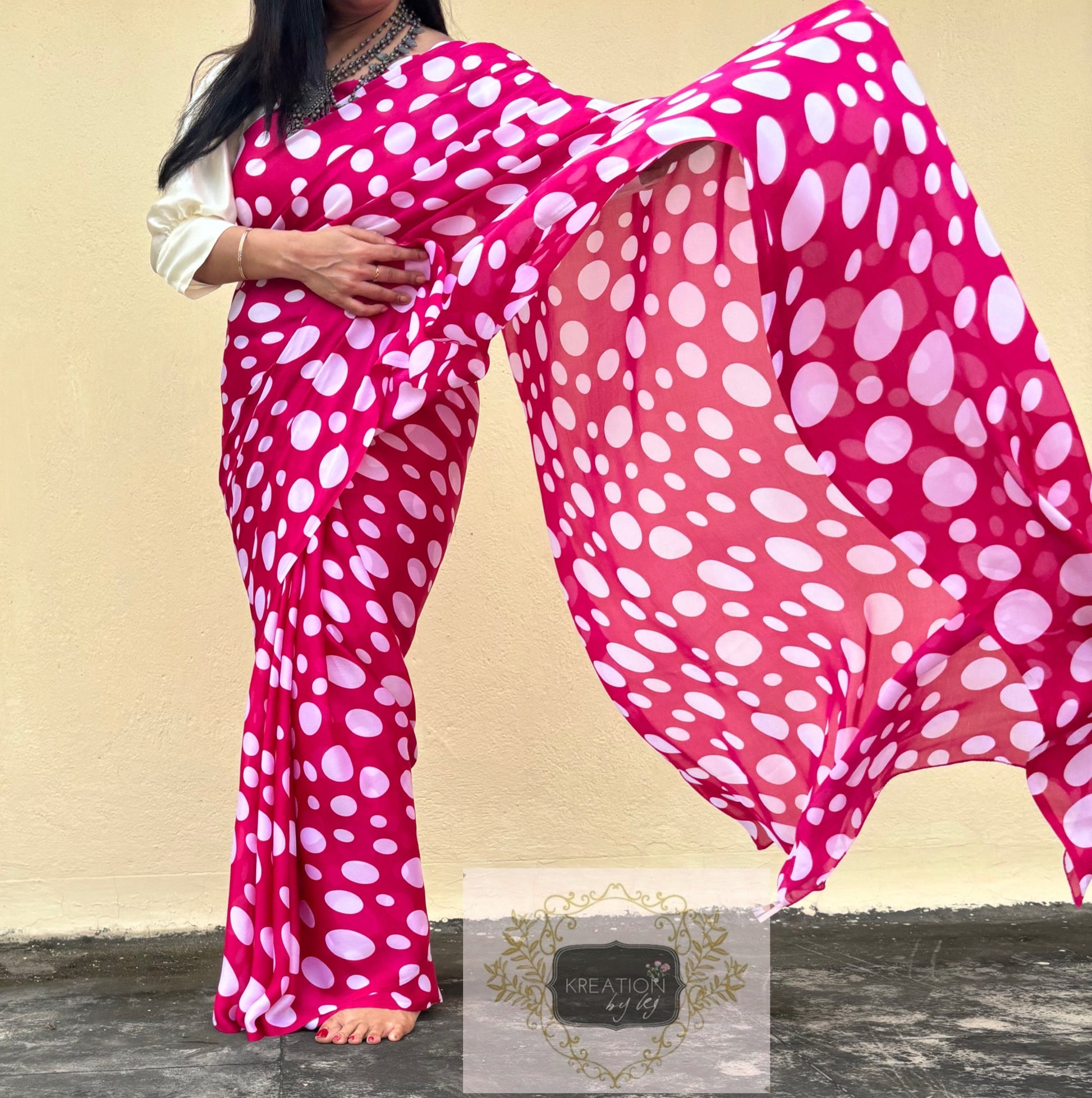 Magenta Pink Polka Dot Saree kreationbykj