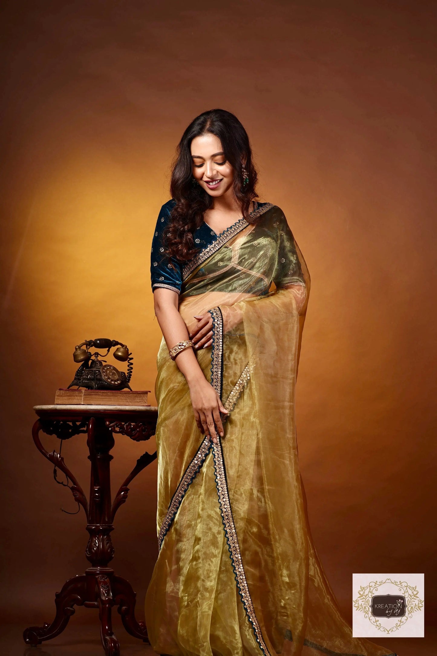 Pista Green Glass Tissue Saree with Teal Border kreationbykj