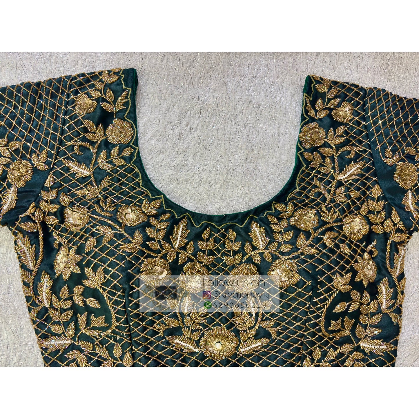 Dark Green Floral Bridal Cutdana Jaal Blouse Piece kreationbykj