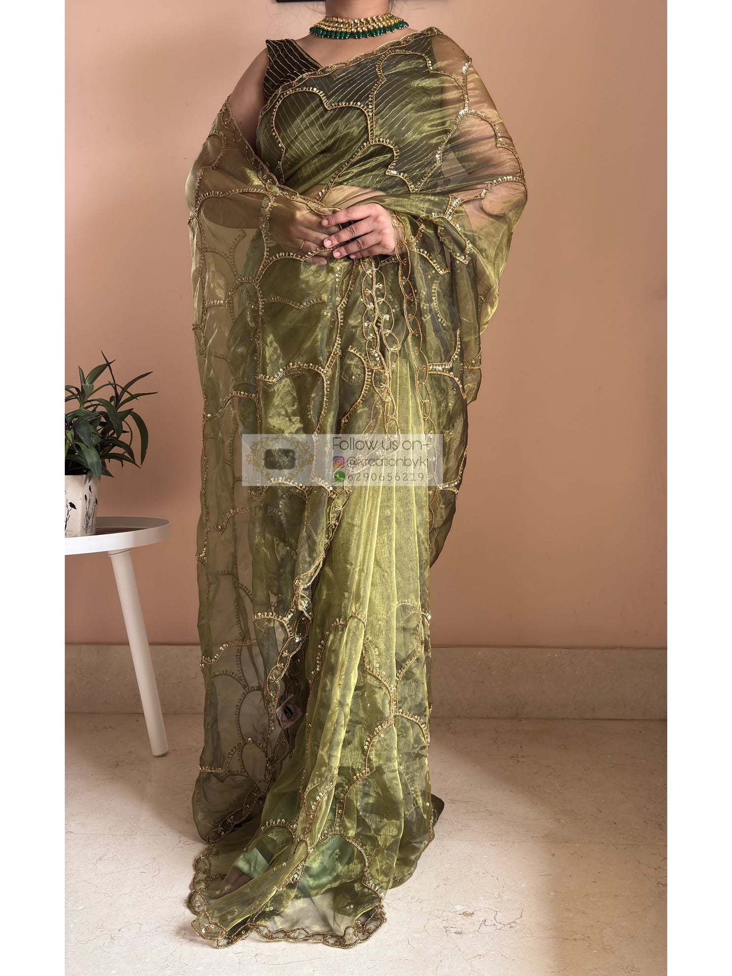 Military Green Chaudhvin ka Chand Saree for Wedding Kreation by KJ
