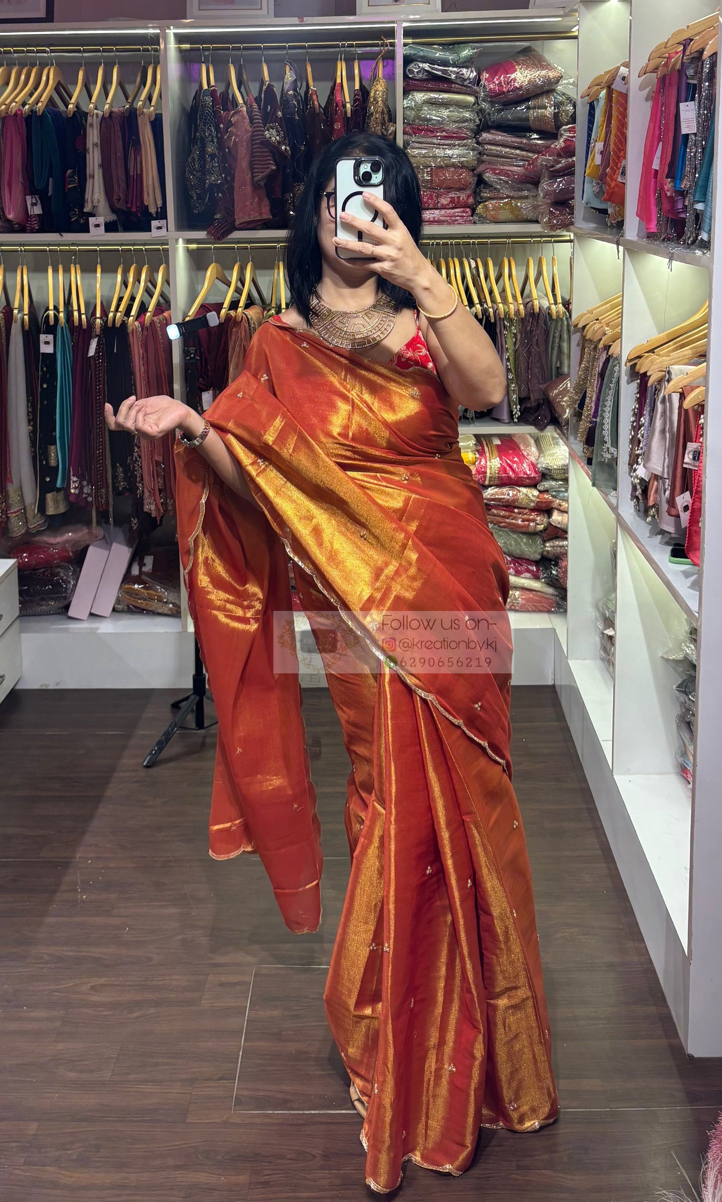 Burnt Orange Tissue Saree with Handembroidered Scalloping kreationbykj