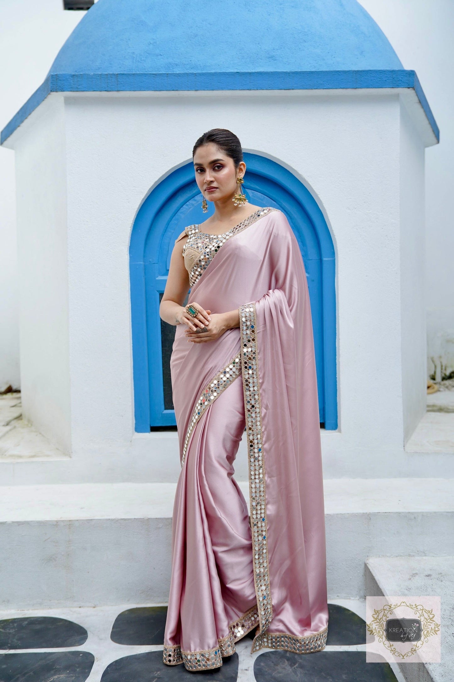 Lilac Satin Silk Saree with Cut Mirror work Lace kreationbykj