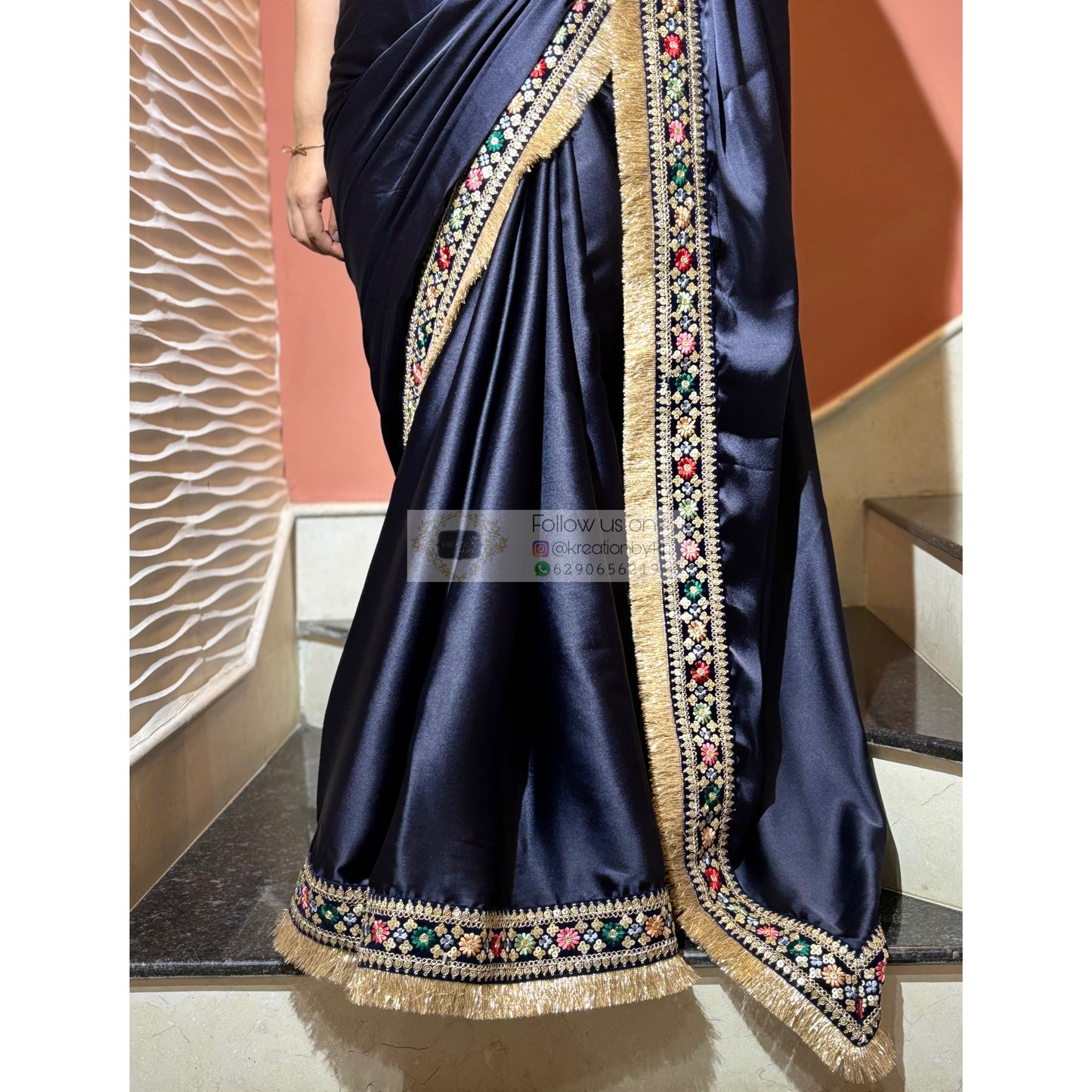 Navy Blue Satin Silk Floral Banno Saree kreationbykj