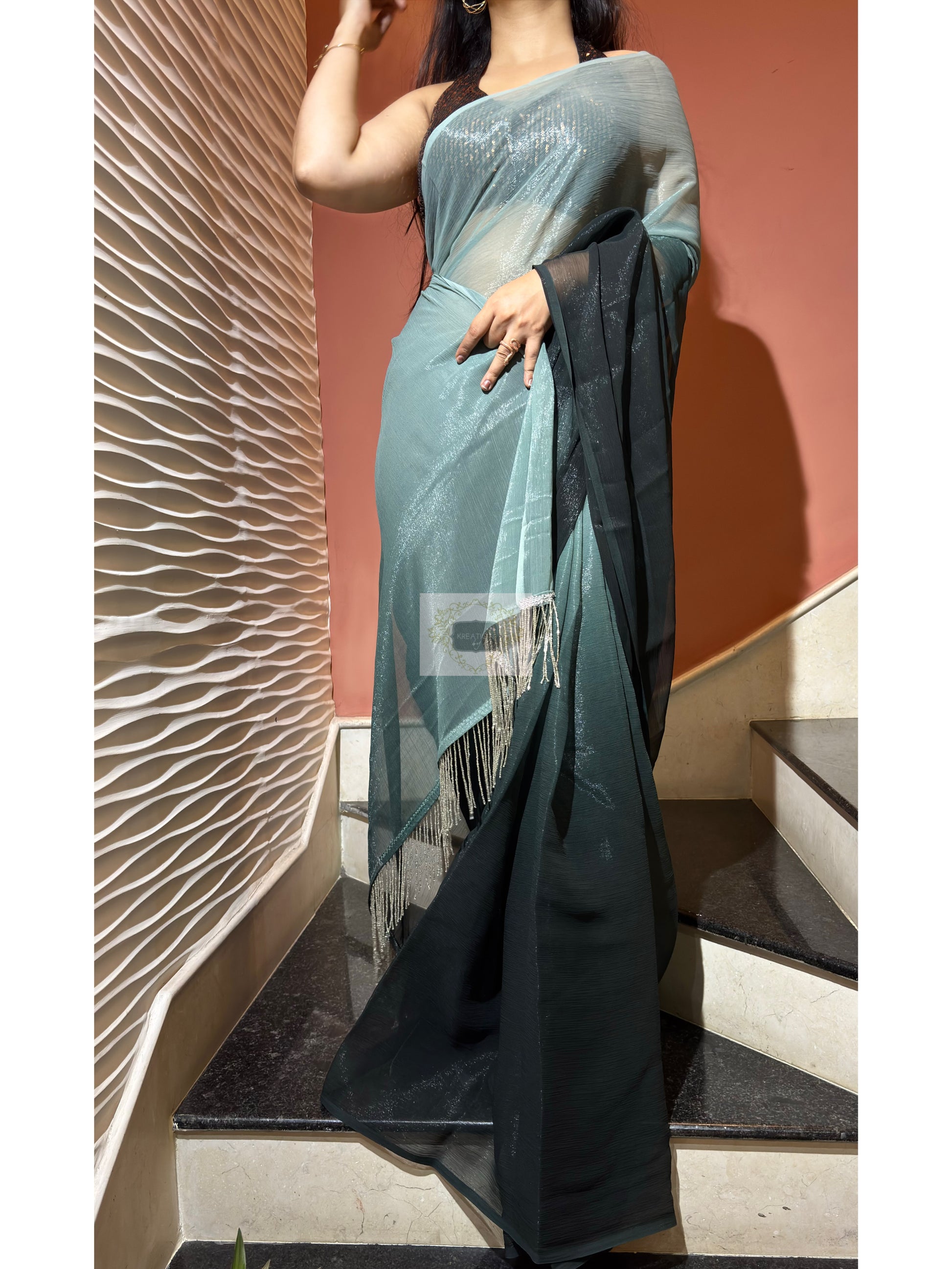 Soft Greenish Hues Ombré Saree - kreationbykj
