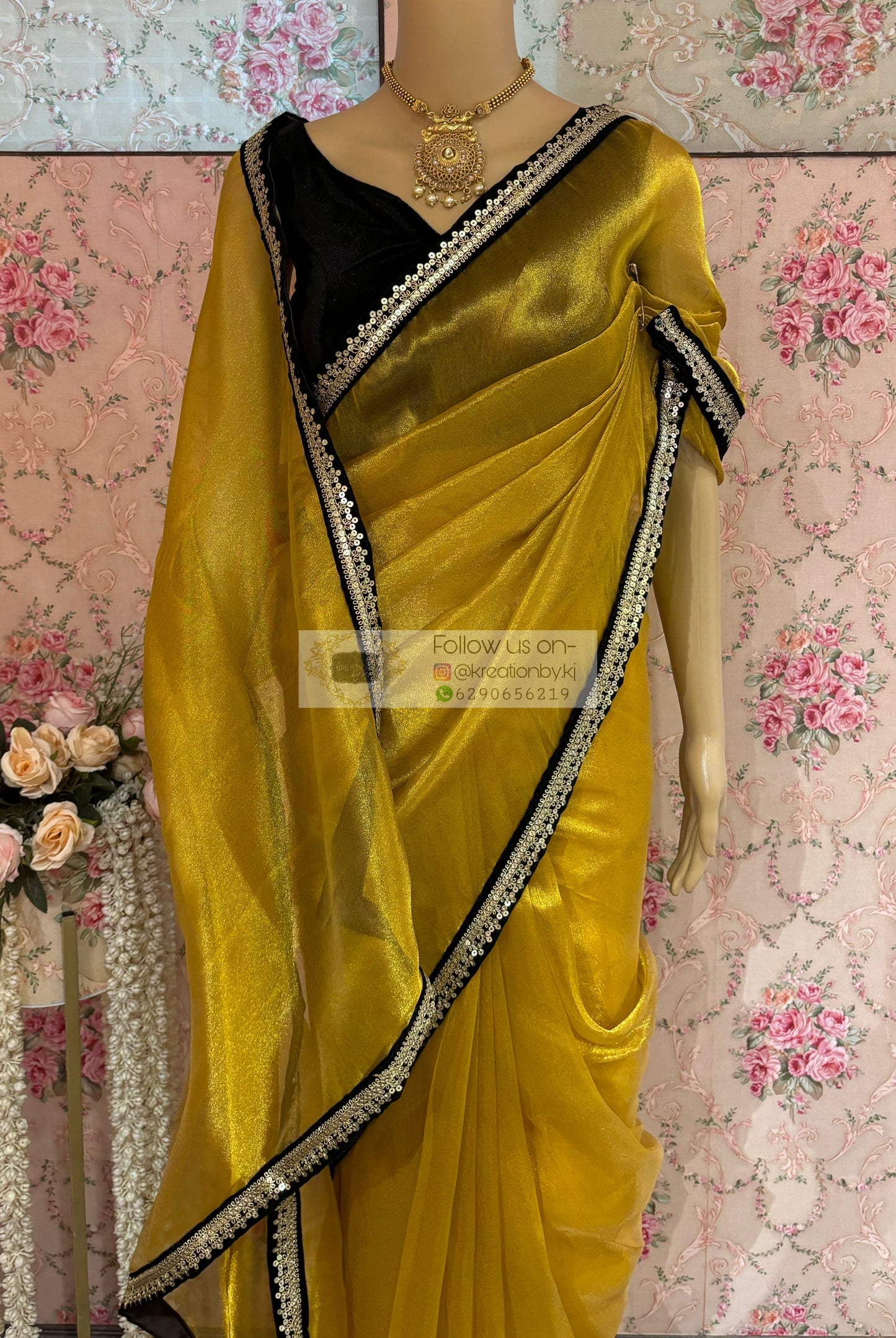 Golden Yellow Zari Tissue Cocktail Saree kreationbykj