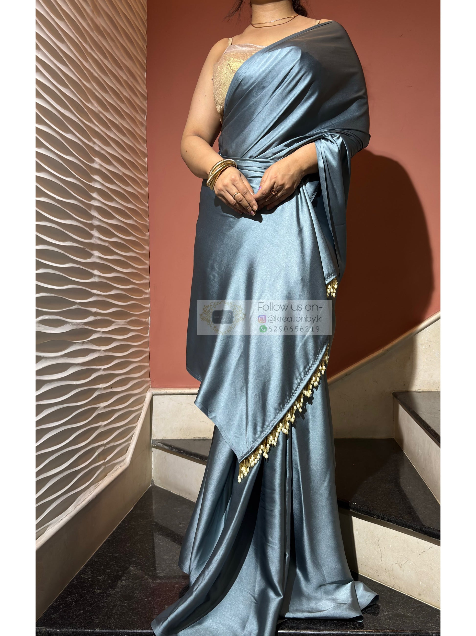 Slate Grey Satin Silk Saree with Handmade Tassels on Pallu kreationbykj