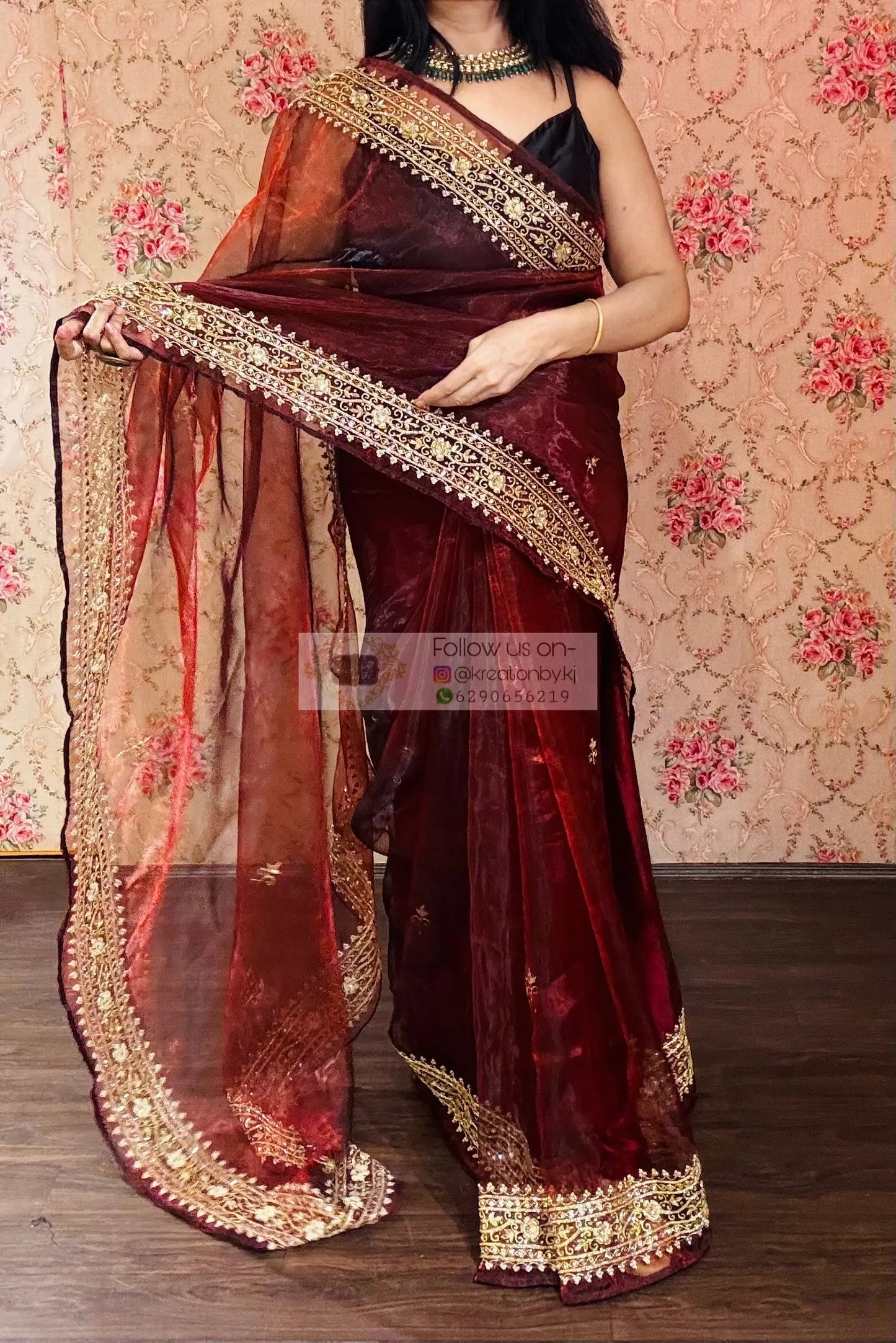 Maroon Glass Tissue Zarina Wedding Saree kreationbykj