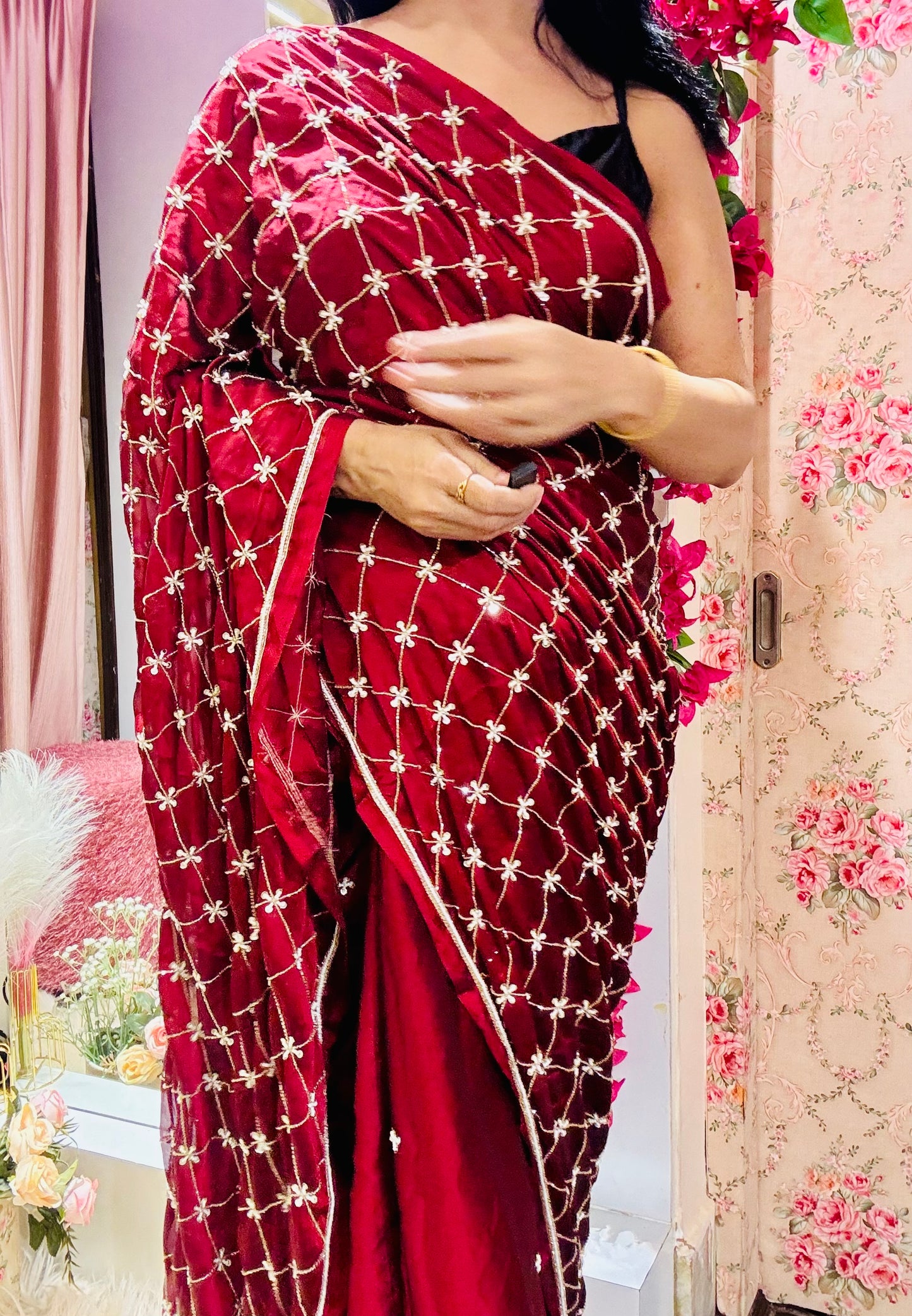 Maroon Georgette Cutdana Jaal Saree - kreationbykj