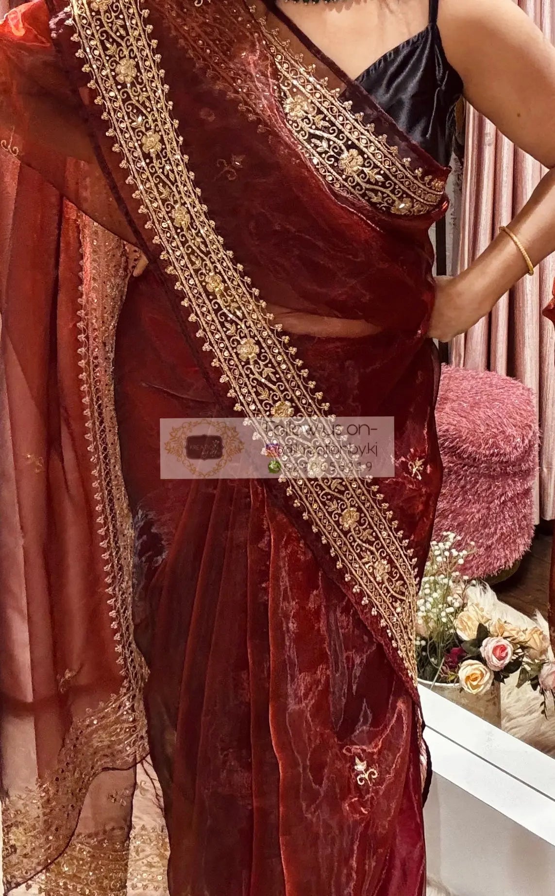 Maroon Glass Tissue Zarina Wedding Saree kreationbykj