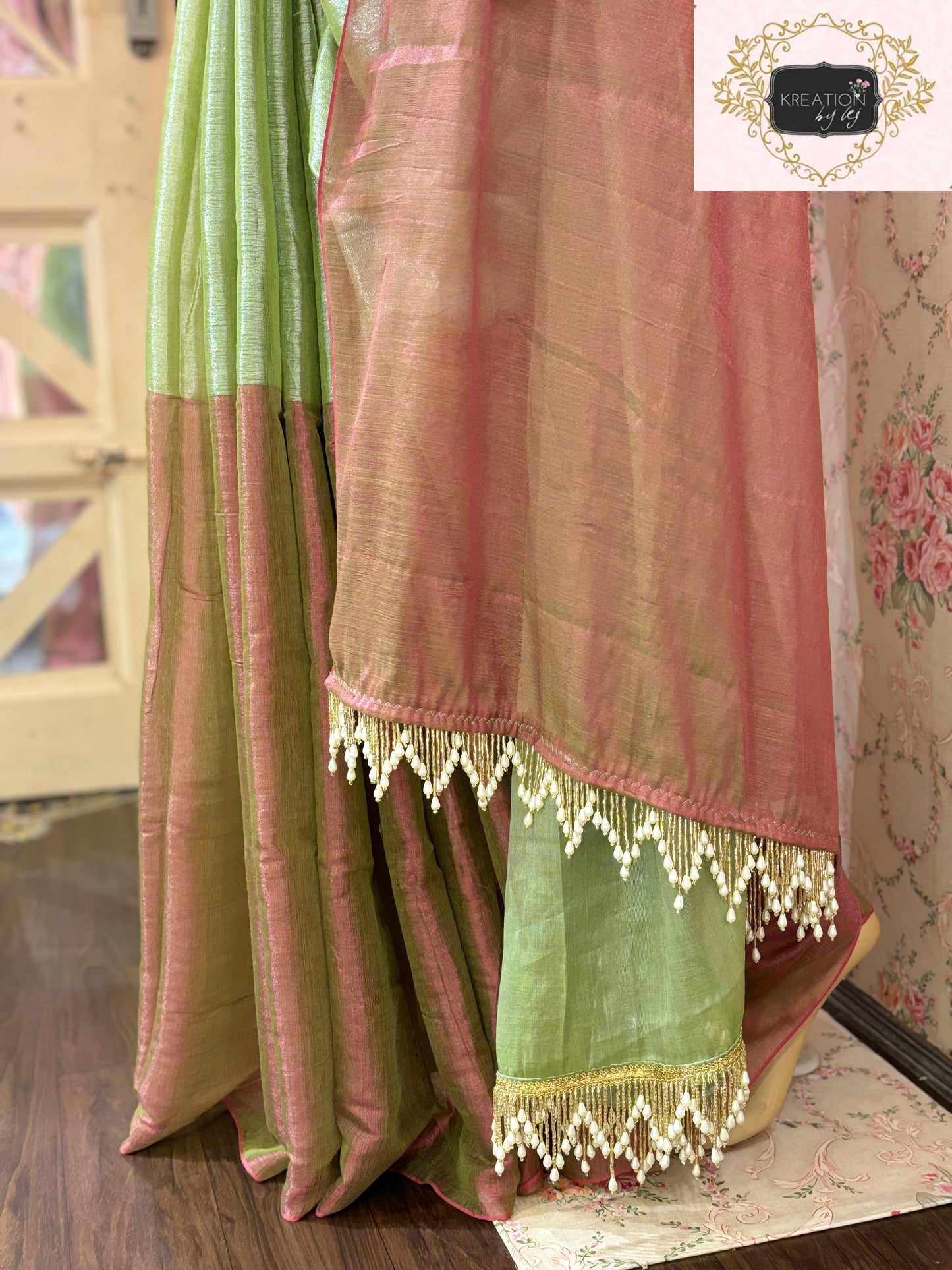 Badam Pista Cotton Tissue Saree kreationbykj