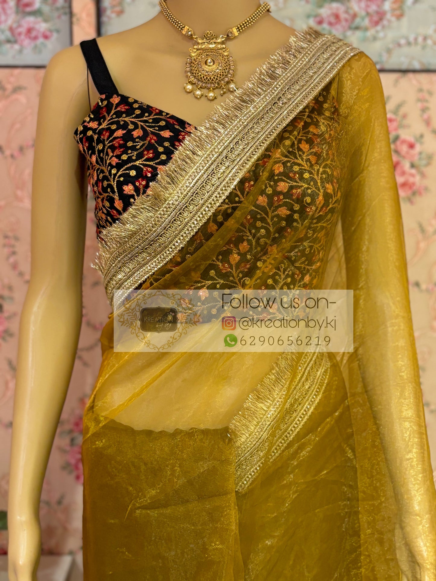 Amber Gold Glass Tissue Banno Saree kreationbykj