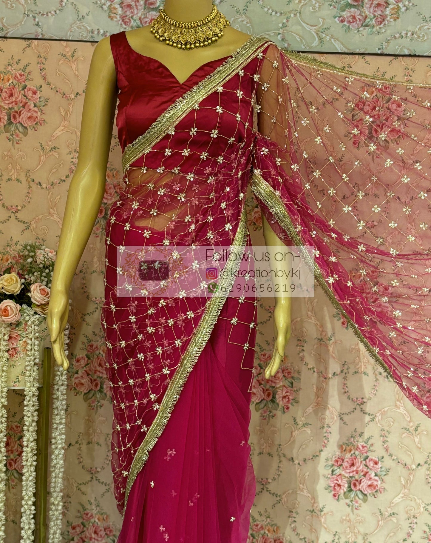Hot Pink Cutdana Jaal Net Saree kreationbykj
