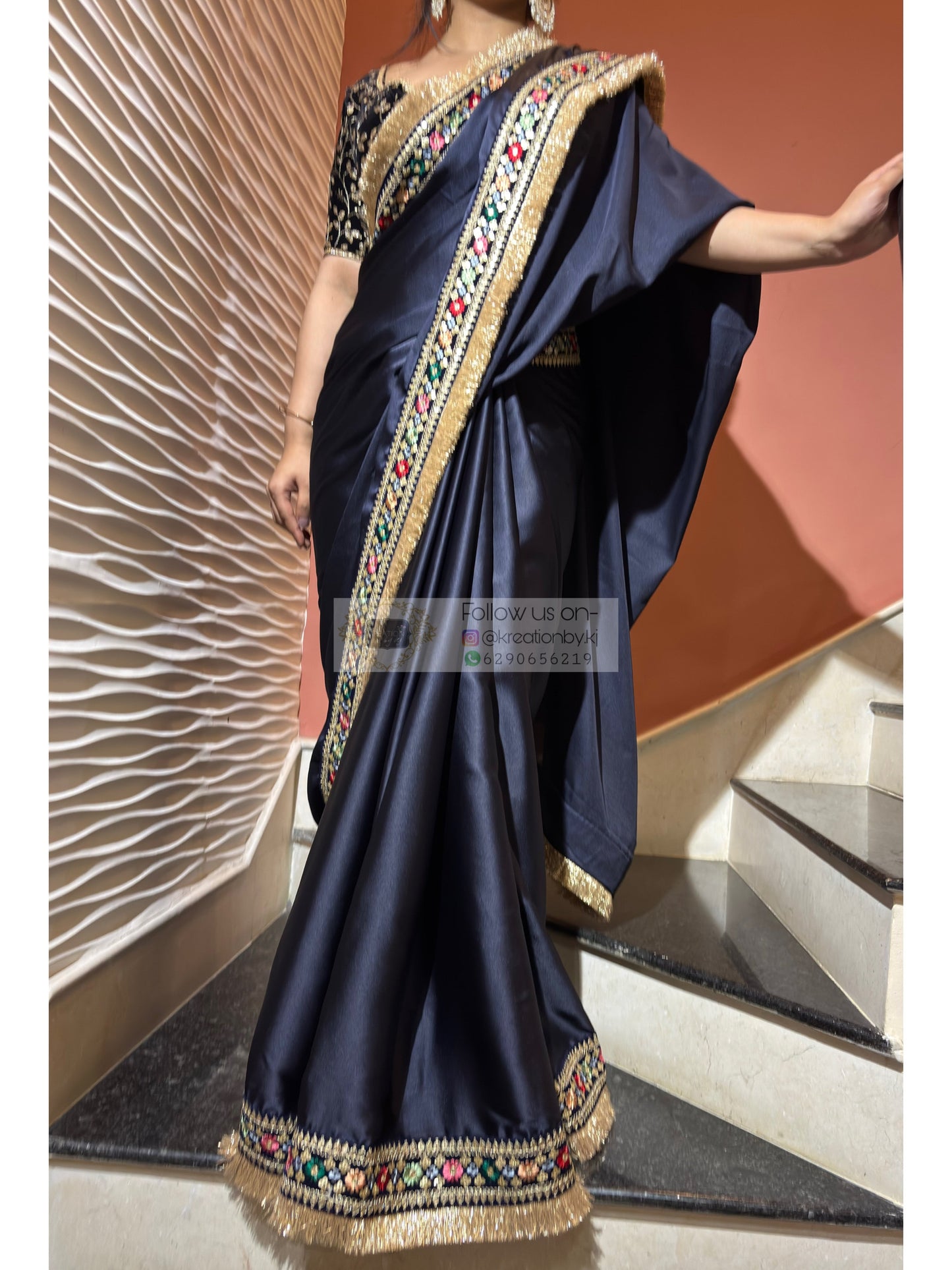 Navy Blue Satin Silk Floral Banno Saree kreationbykj