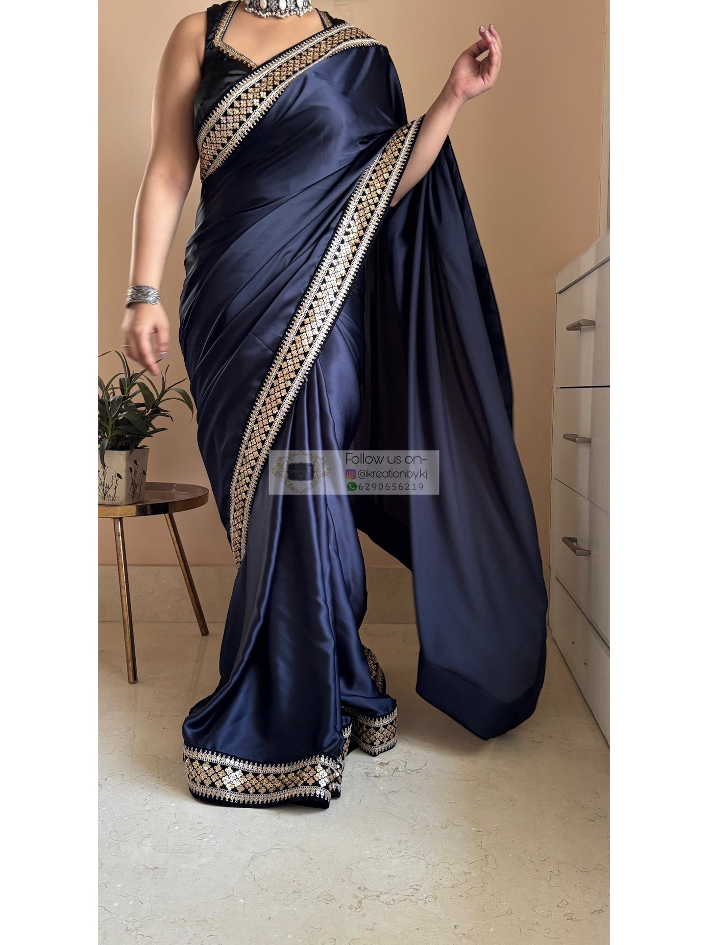 Dark Navy Blue Satin Silk Saree with Black Border kreationbykj