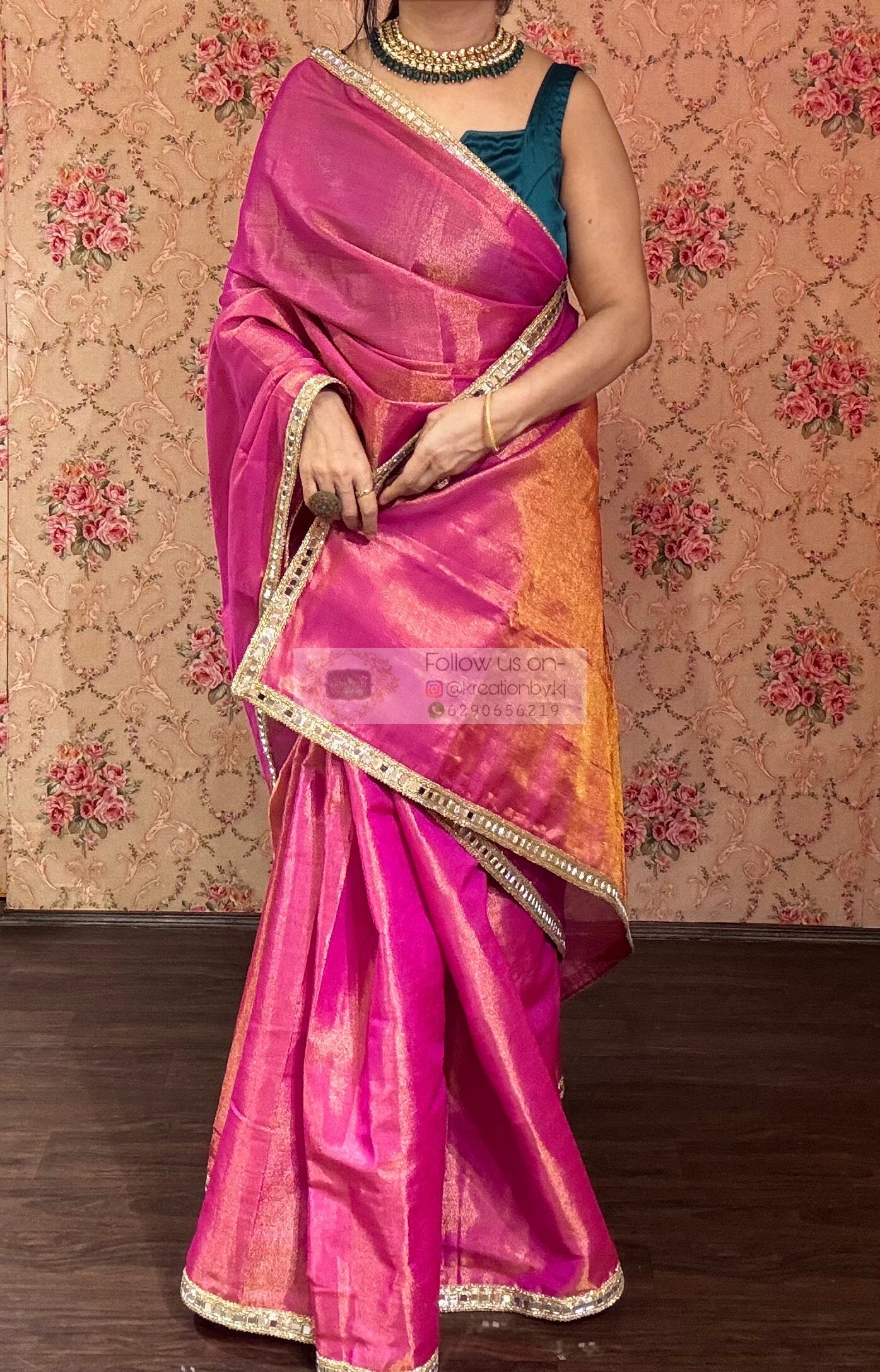 Hot Pink Mirage Saree with Cut Mirror Border kreationbykj