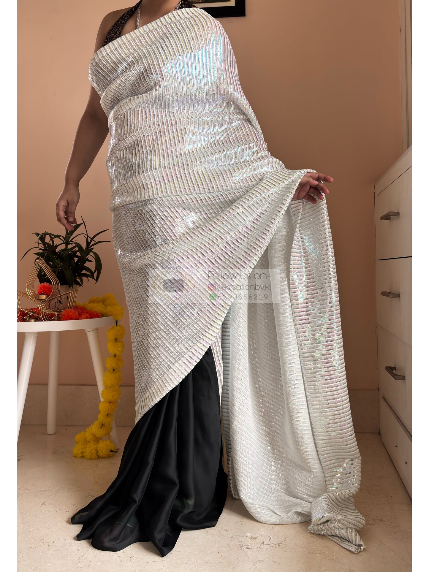 Dazzle White Sequin Half Cocktail Saree Kreation by KJ